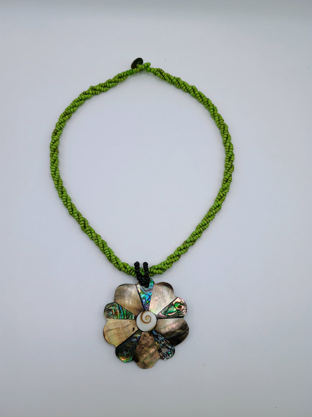 Handmade Flower Necklace Mother of Pearl Choker with Green Beads Peruvian Handicraft