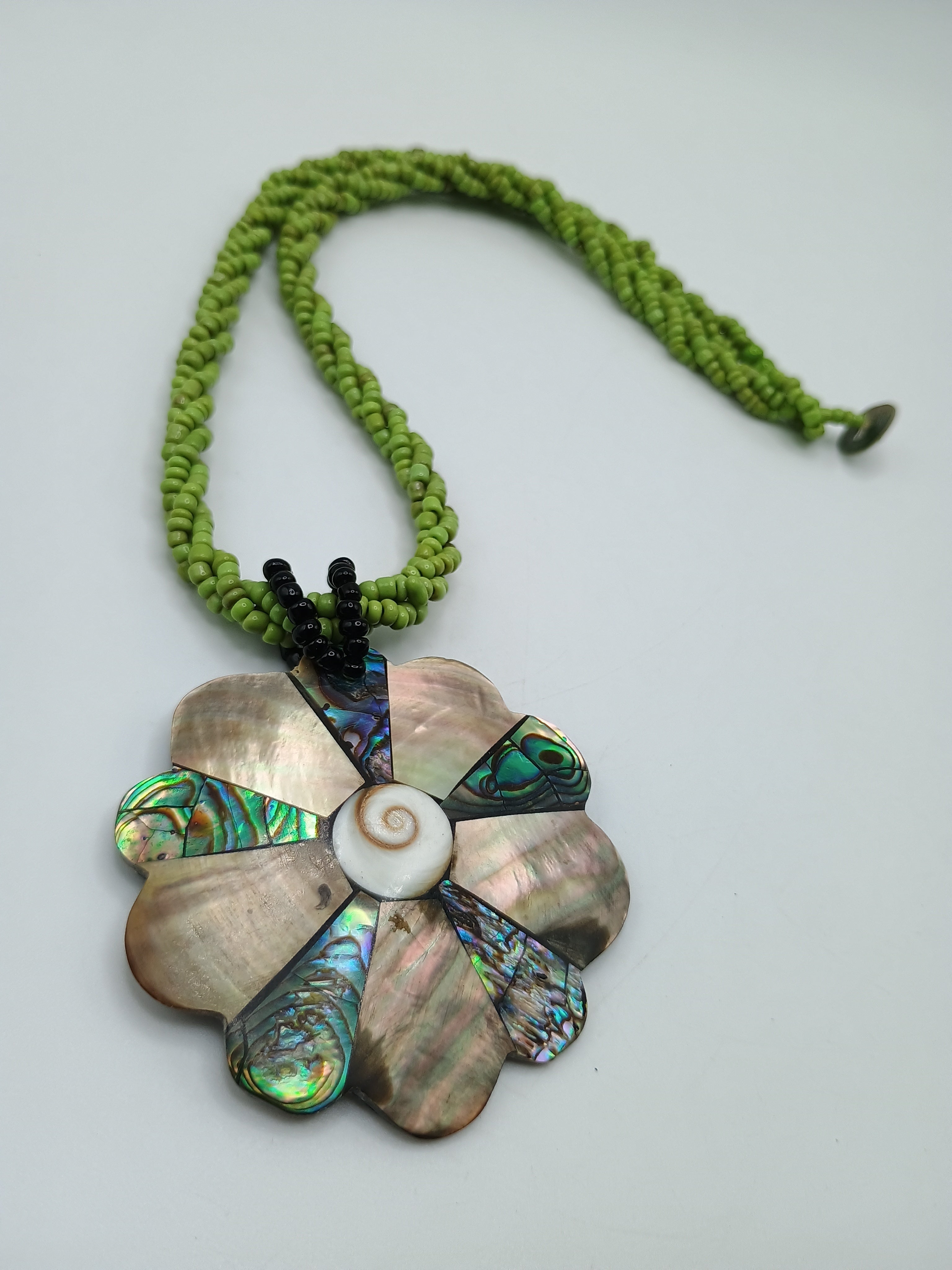 Handmade Flower Necklace Mother of Pearl Choker with Green Beads Peruvian Handicraft