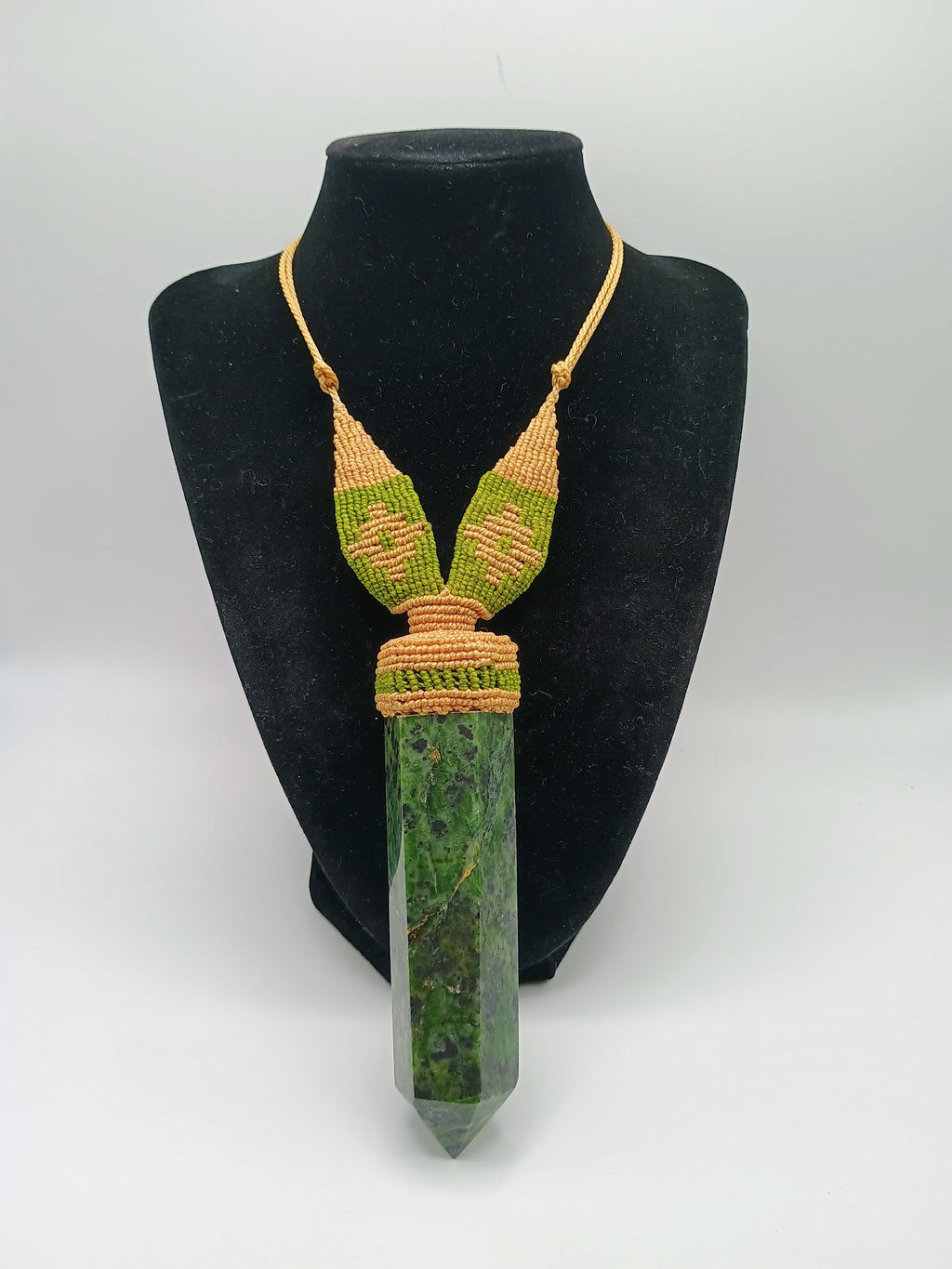 Natural Serpentine Macrame Necklace Amulet Green Stone Hand Woven
