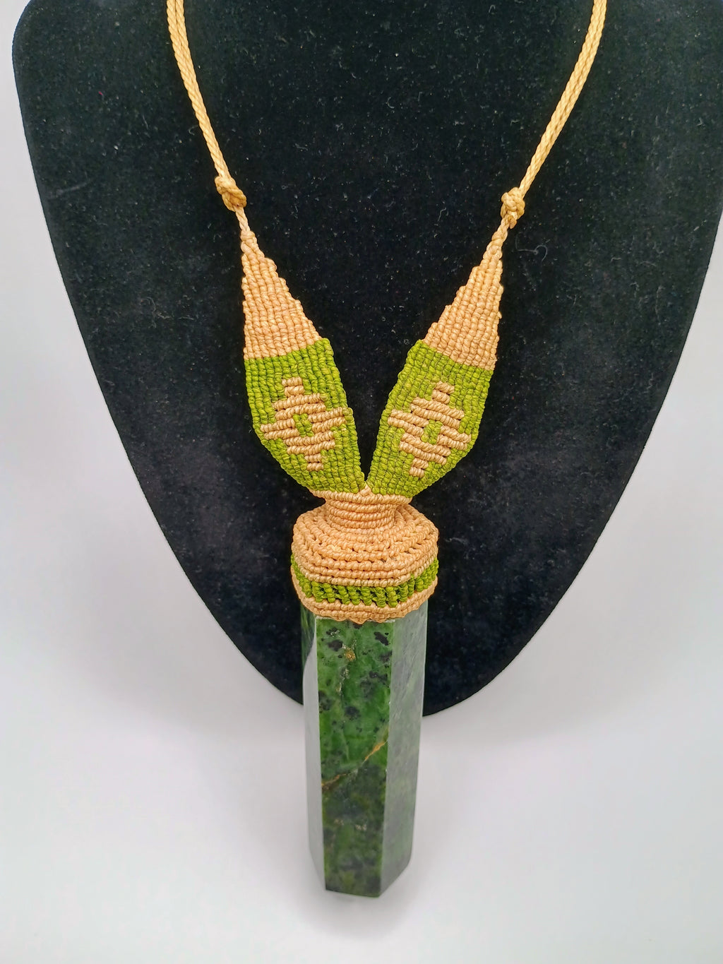 Natural Serpentine Macrame Necklace Amulet Green Stone Hand Woven