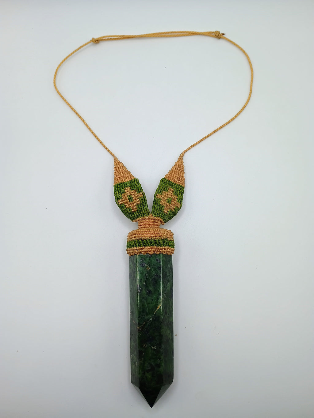 Natural Serpentine Macrame Necklace Amulet Green Stone Hand Woven