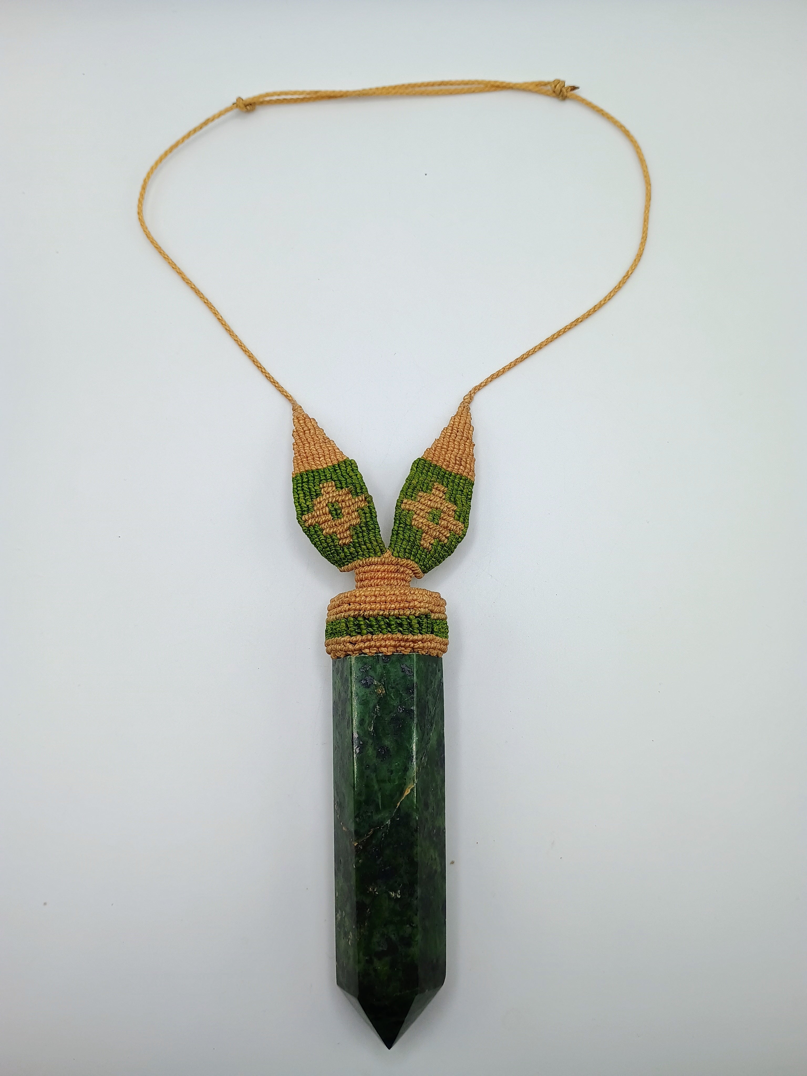 Natural Serpentine Macrame Necklace Amulet Green Stone Hand Woven