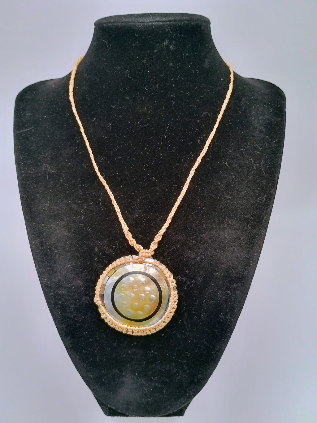 Handmade Macrame Necklace with Natural Mother-of-Pearl Circular Pendant