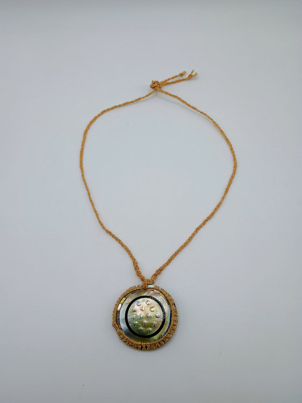 Handmade Macrame Necklace with Natural Mother-of-Pearl Circular Pendant