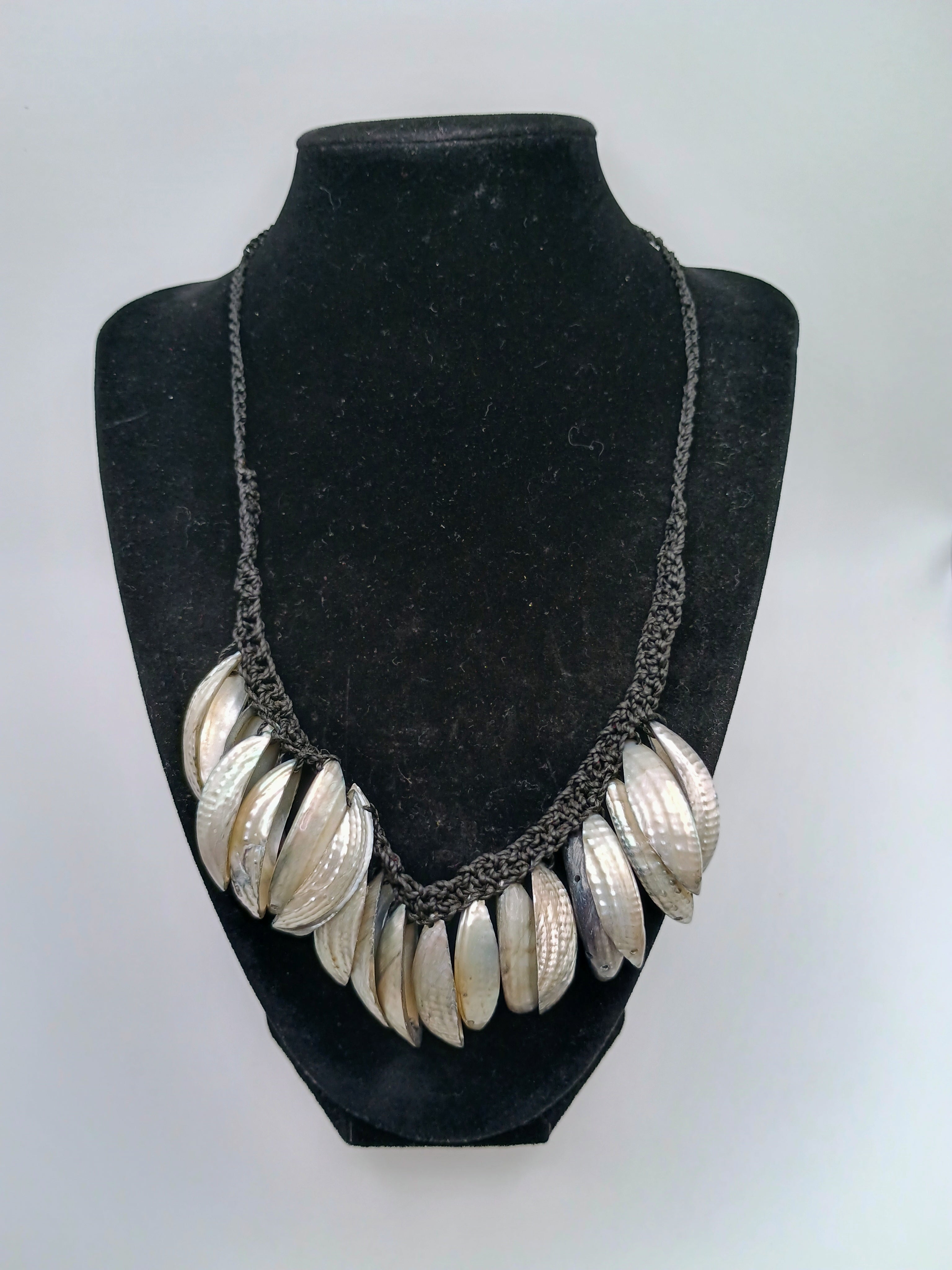 Handmade Mother-of-Pearl Necklace, Black Macrame Woven Choker