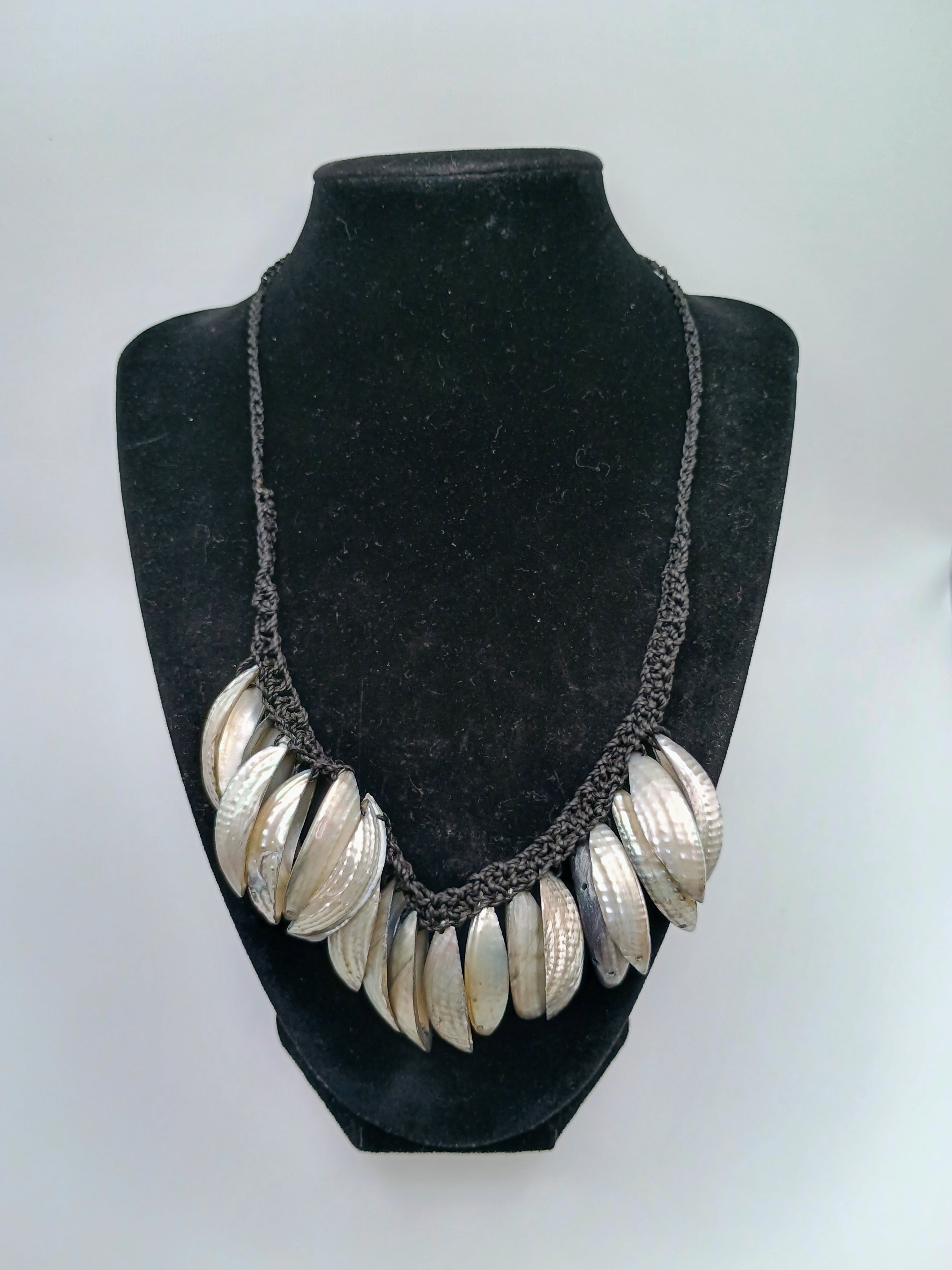 Handmade Mother-of-Pearl Necklace, Black Macrame Woven Choker