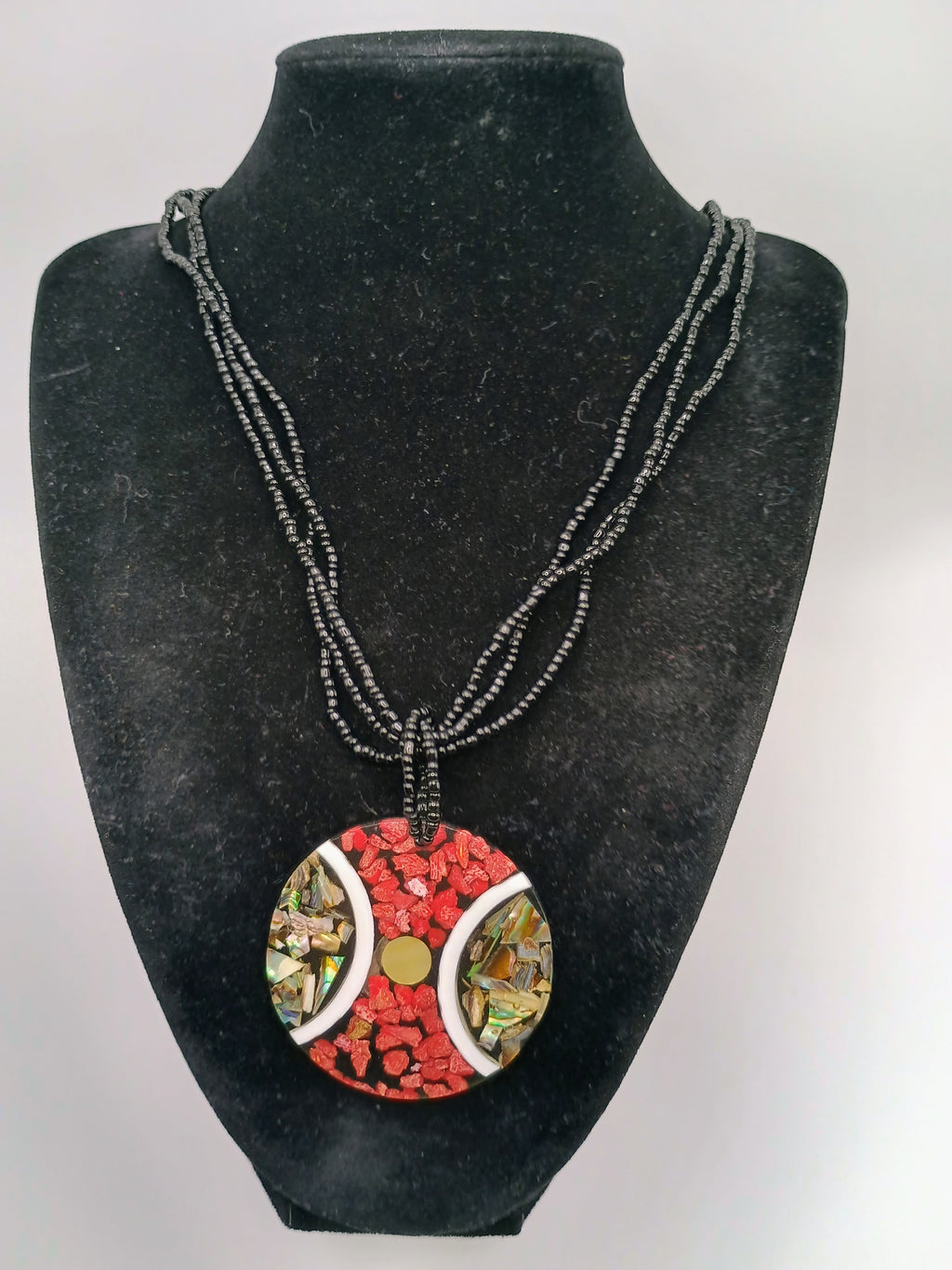 Handmade Mosaic Necklace with Red Coral, Abalone, and Beads