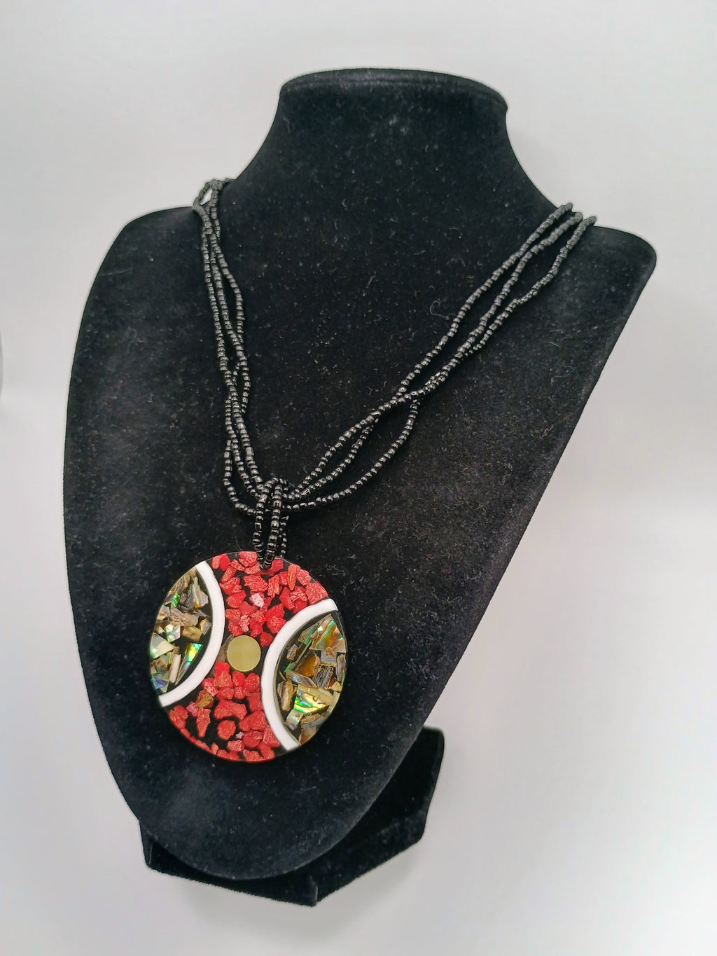 Handmade Mosaic Necklace with Red Coral, Abalone, and Beads