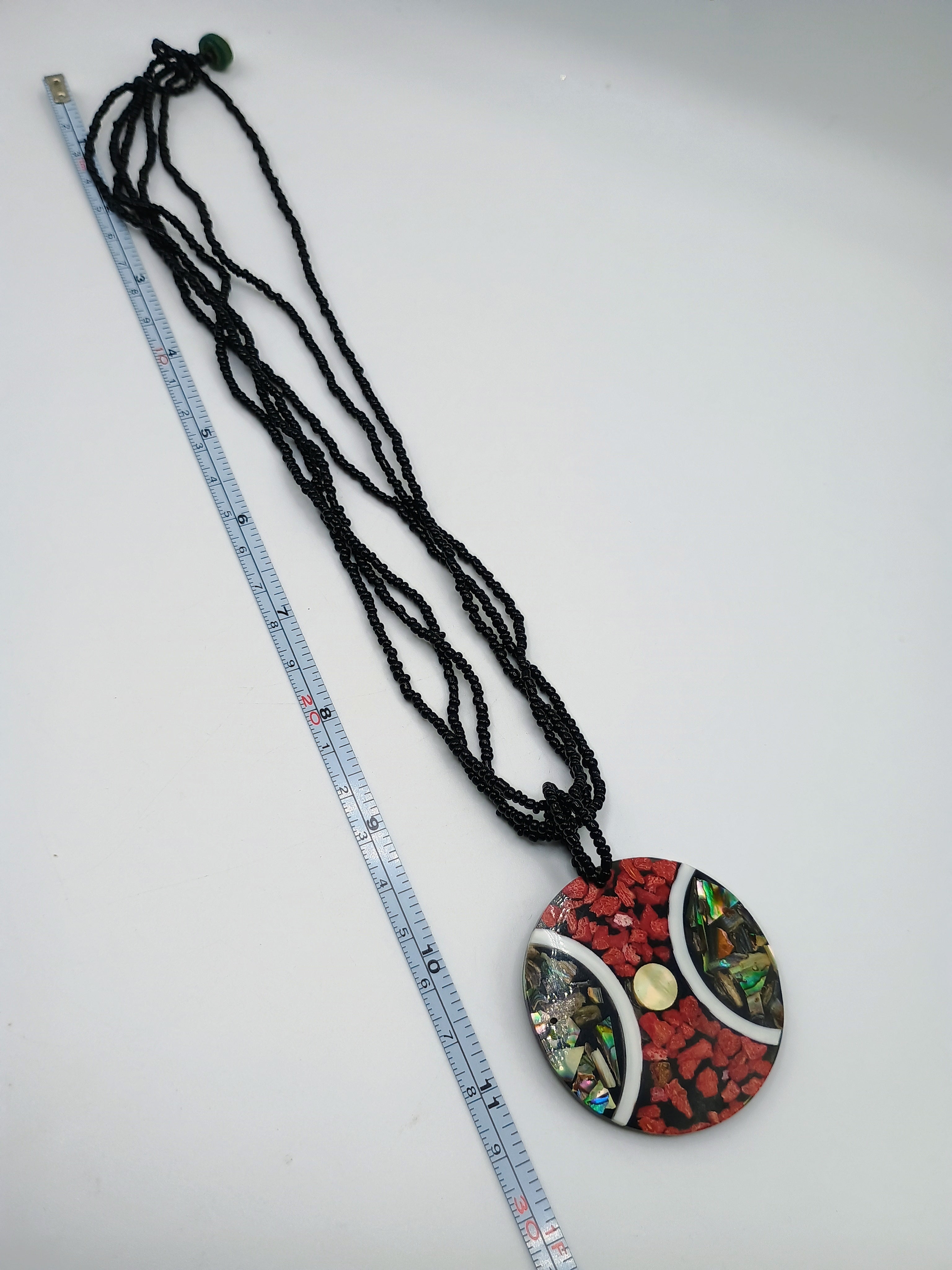 Handmade Mosaic Necklace with Red Coral, Abalone, and Beads