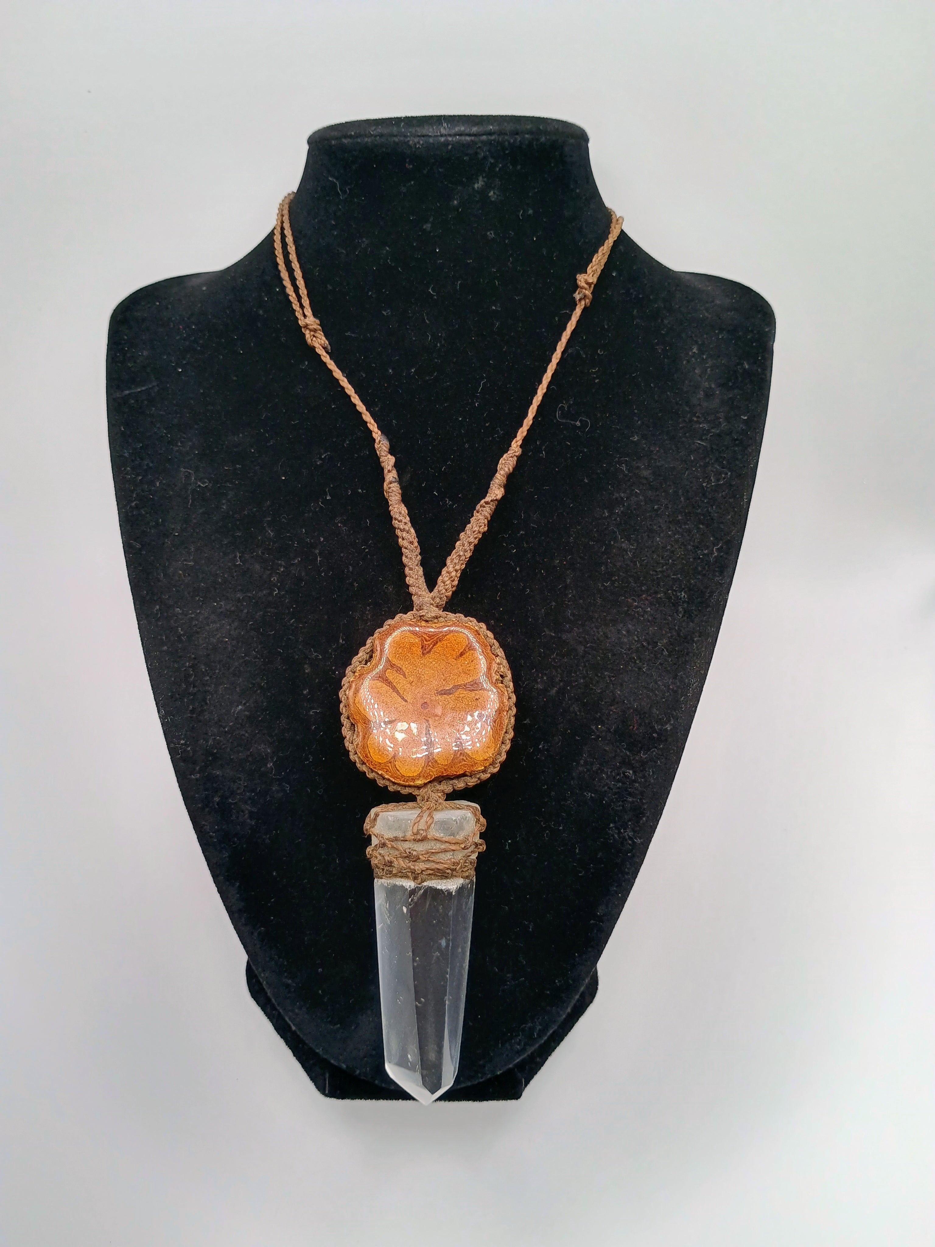 Macrame Necklace with Natural Crystal Quartz and Sacred Wood