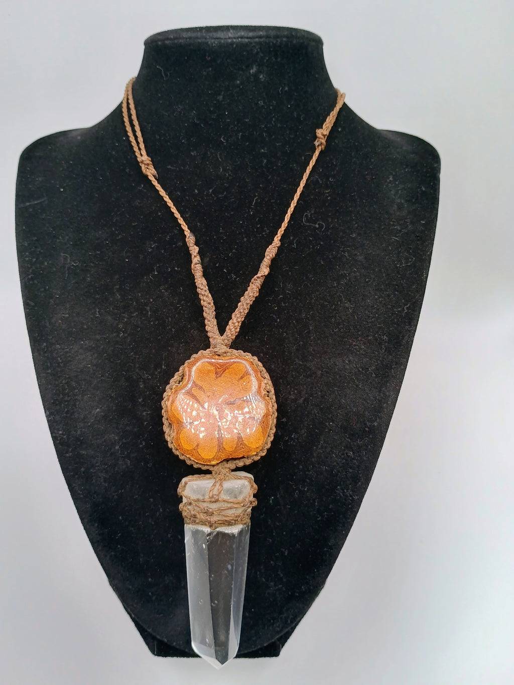 Macrame Necklace with Natural Crystal Quartz and Sacred Wood