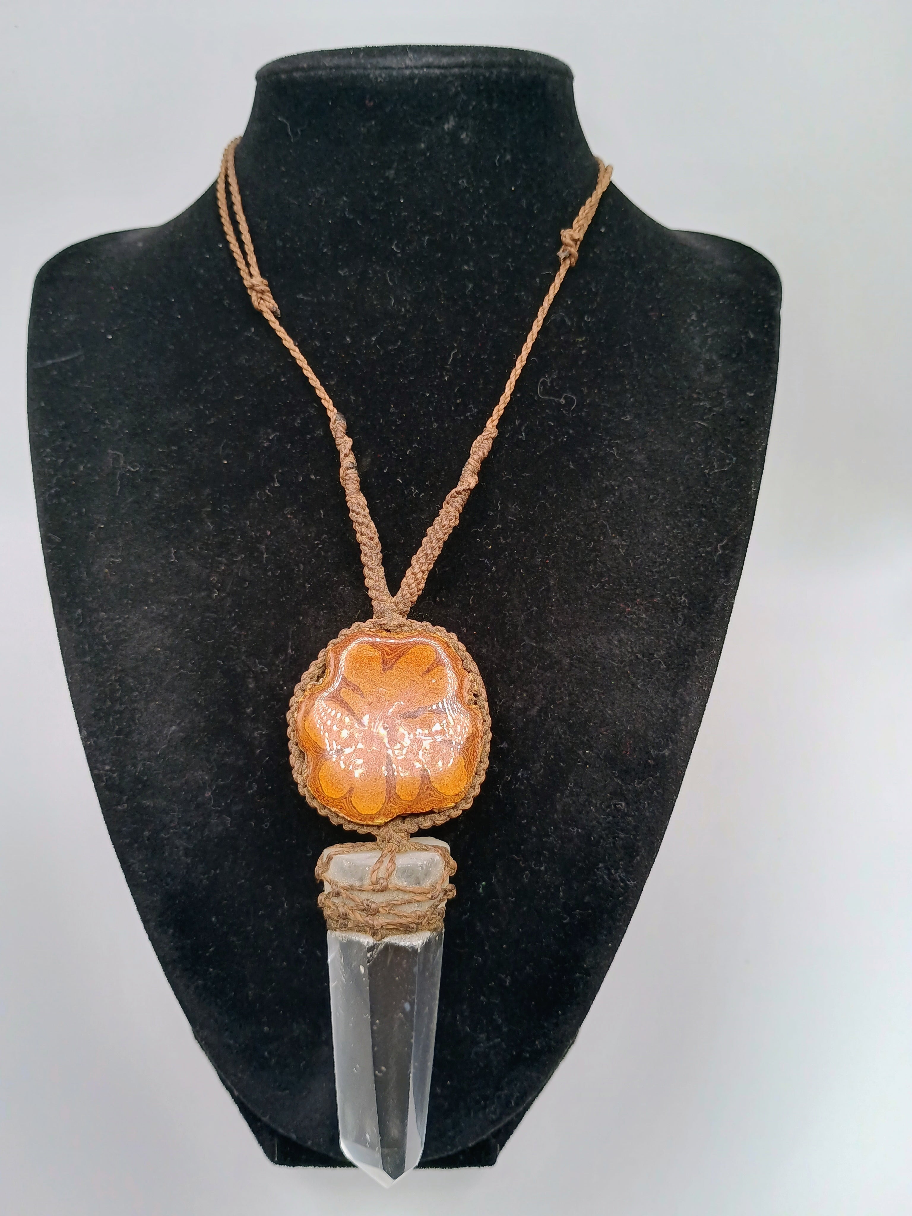 Macrame Necklace with Natural Crystal Quartz and Sacred Wood