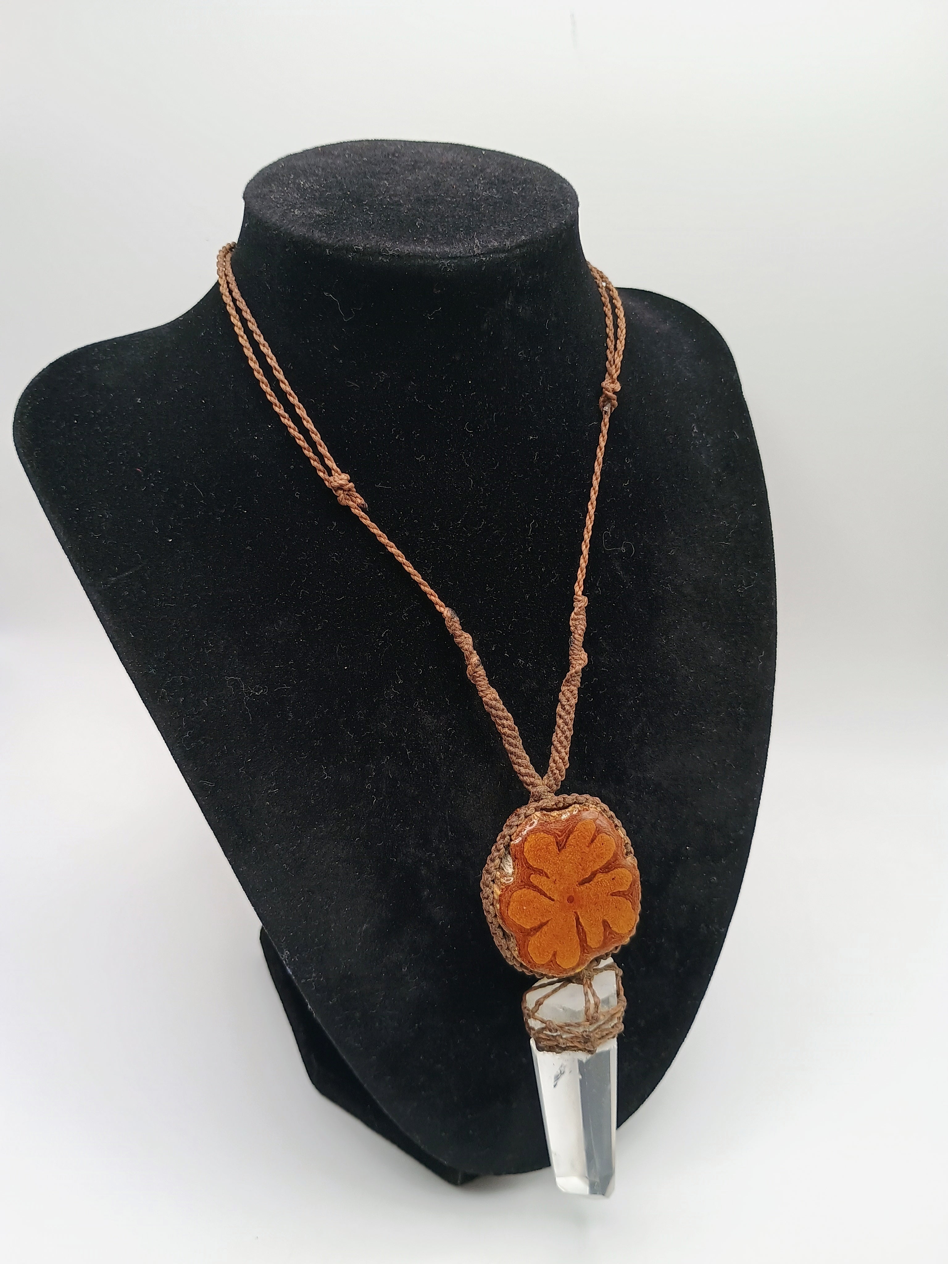 Macrame Necklace with Natural Crystal Quartz and Sacred Wood