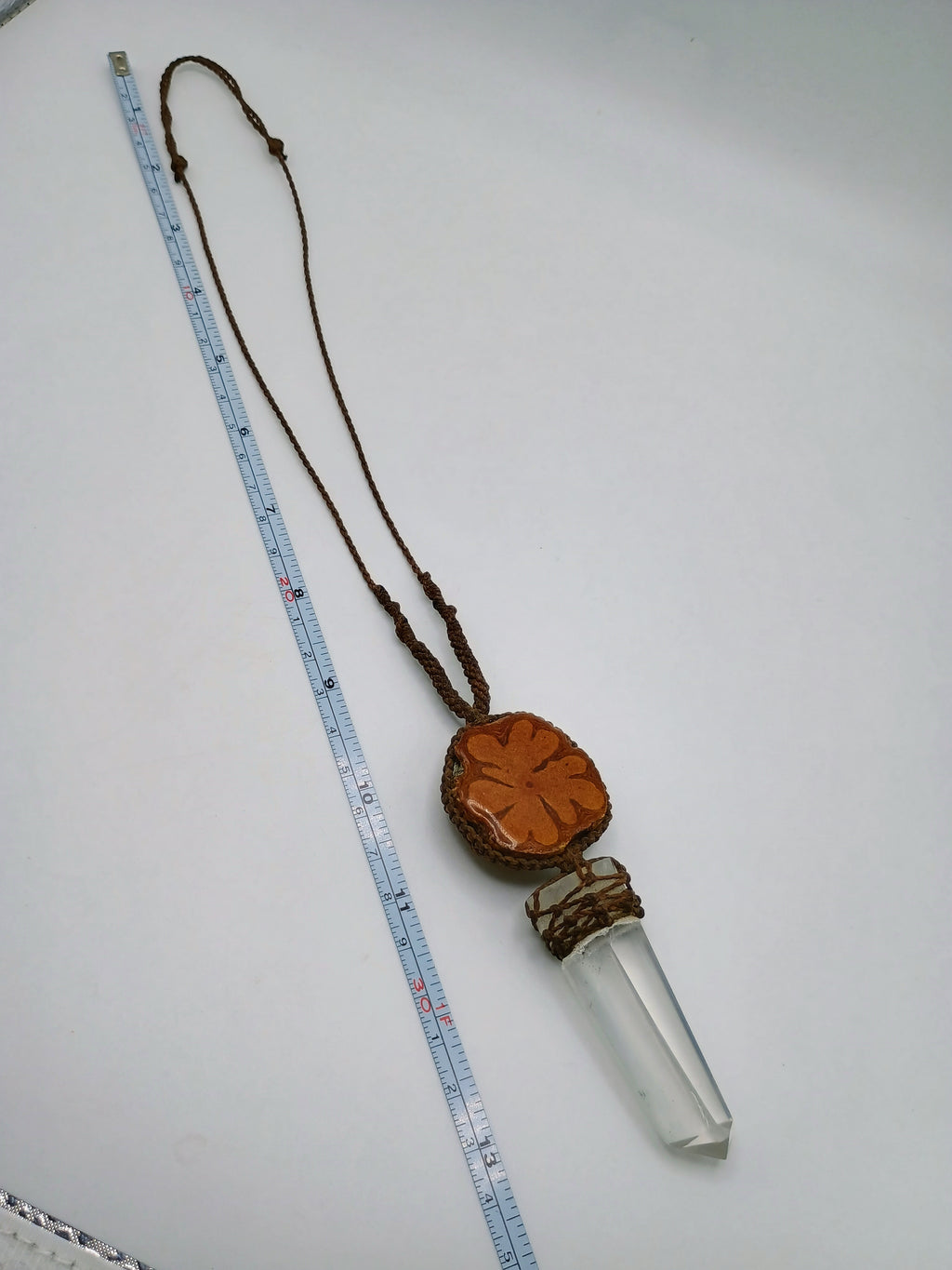 Macrame Necklace with Natural Crystal Quartz and Sacred Wood