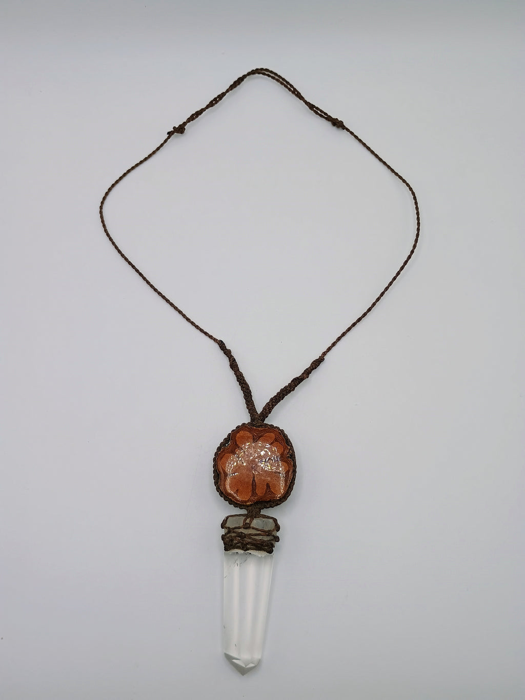 Macrame Necklace with Natural Crystal Quartz and Sacred Wood