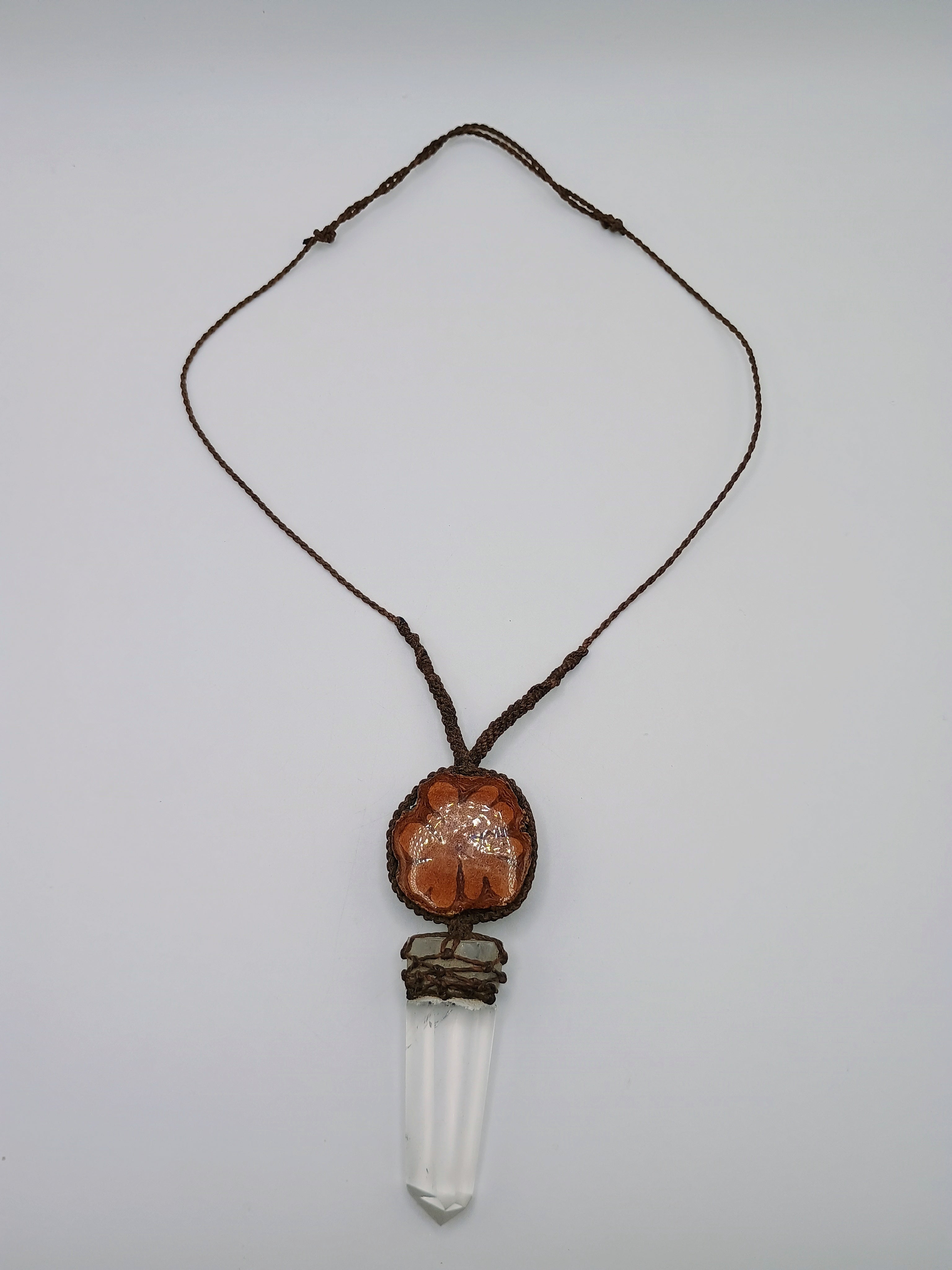 Macrame Necklace with Natural Crystal Quartz and Sacred Wood