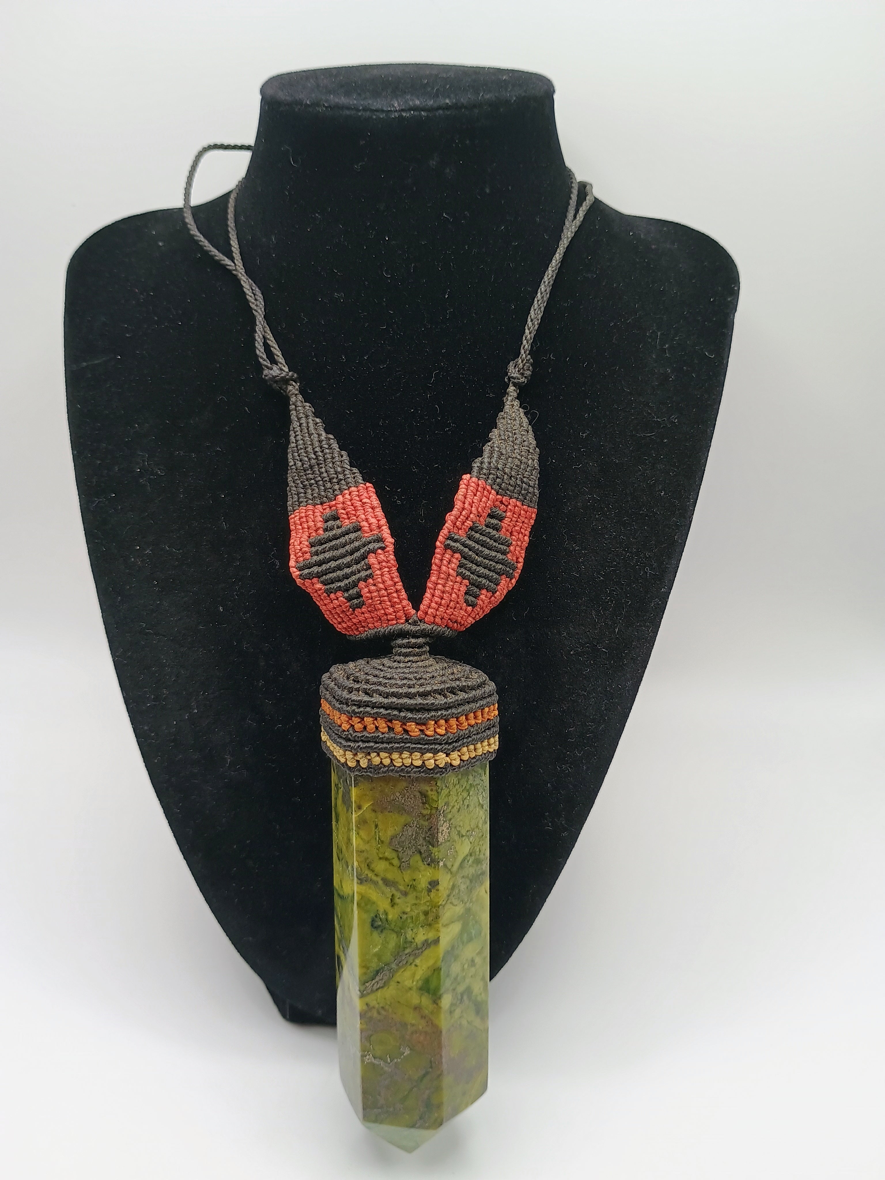 Natural Serpentine Necklace Woven Macrame Green Healing Stone