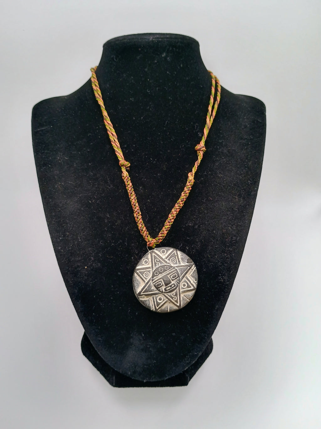 Inca Sun Necklace, Hand-Carved Stone, Peruvian Andean Pendant, Handmade Amulet