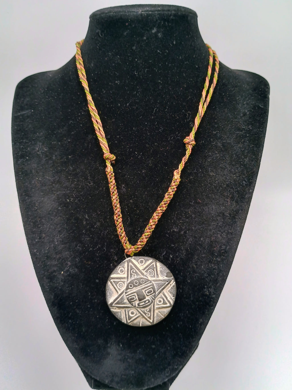 Inca Sun Necklace, Hand-Carved Stone, Peruvian Andean Pendant, Handmade Amulet