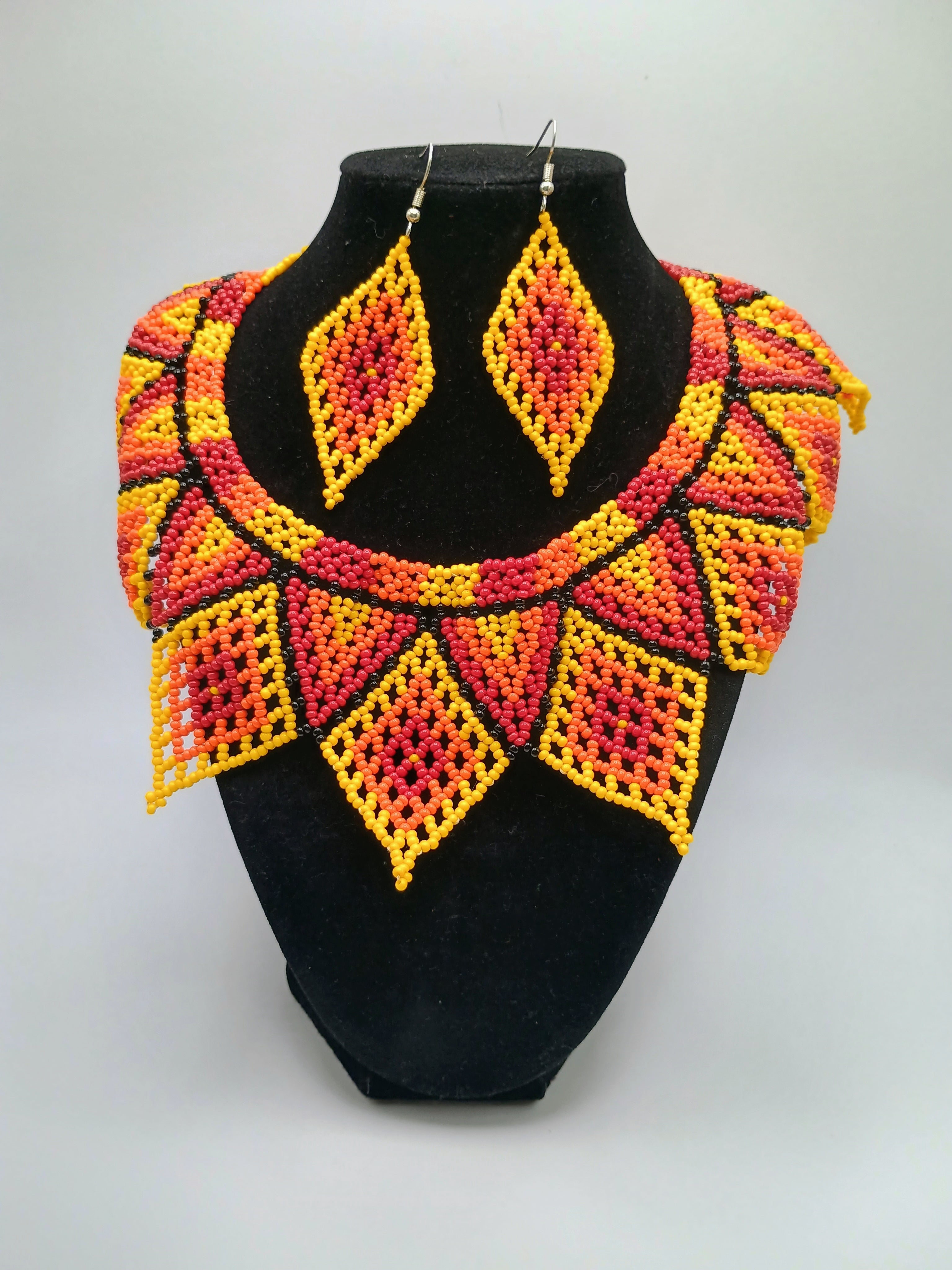 Set Necklace Earrings Hand-woven Beads Geometric Design Sun Fire