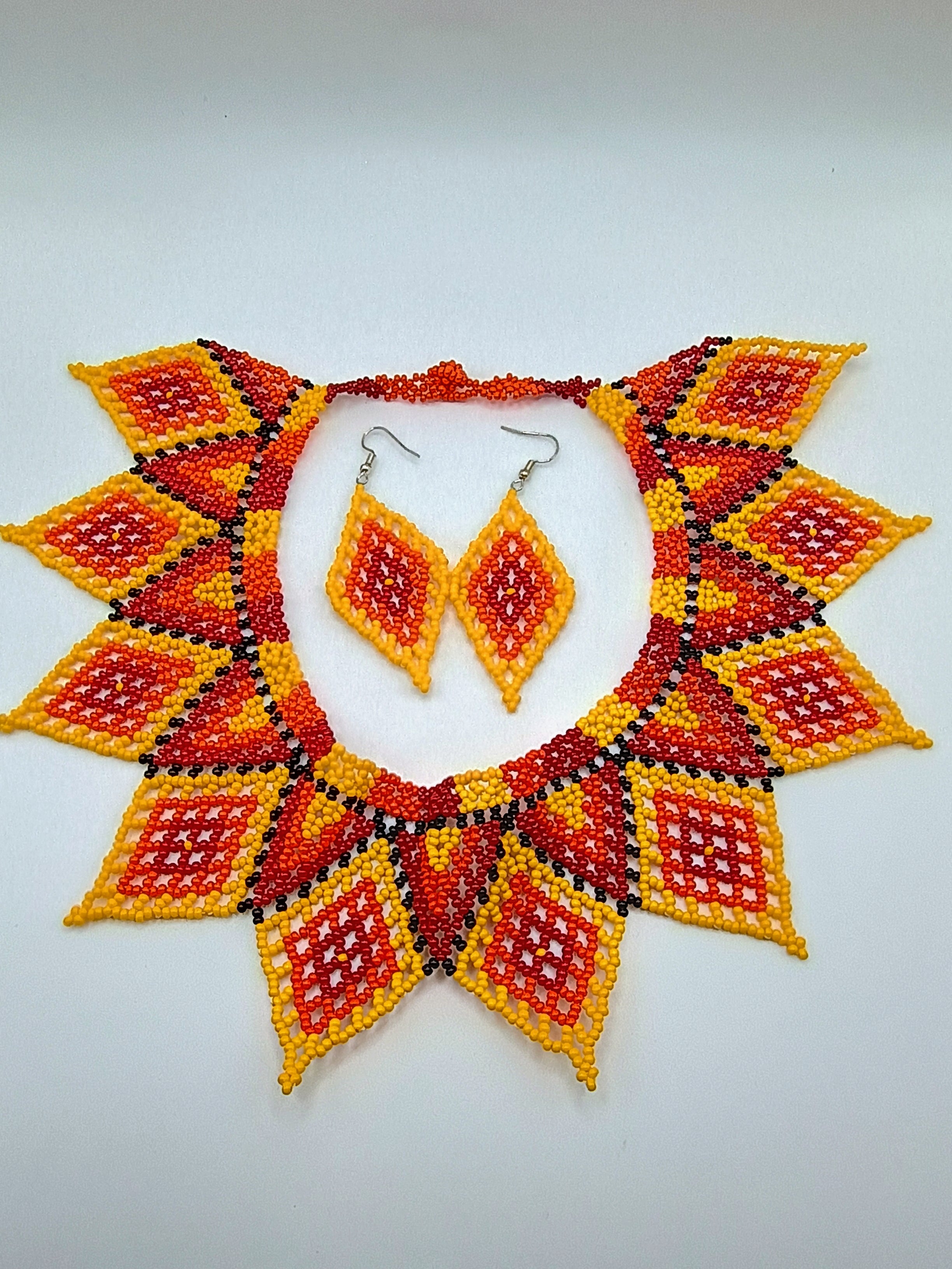 Set Necklace Earrings Hand-woven Beads Geometric Design Sun Fire