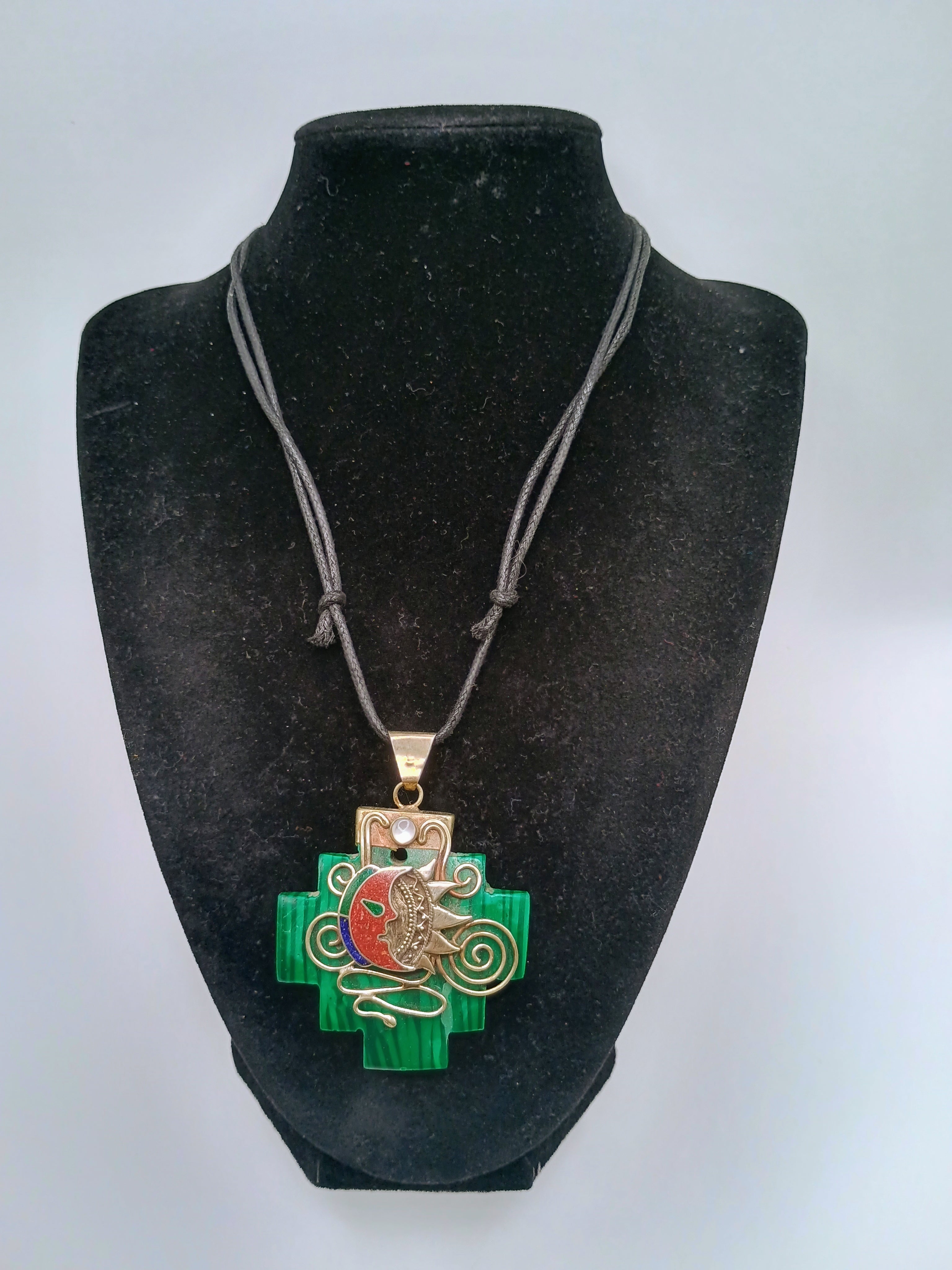 Chacana Necklace, Inca Wedding, Sun and Moon, Sterling Silver .950, Natural Stone