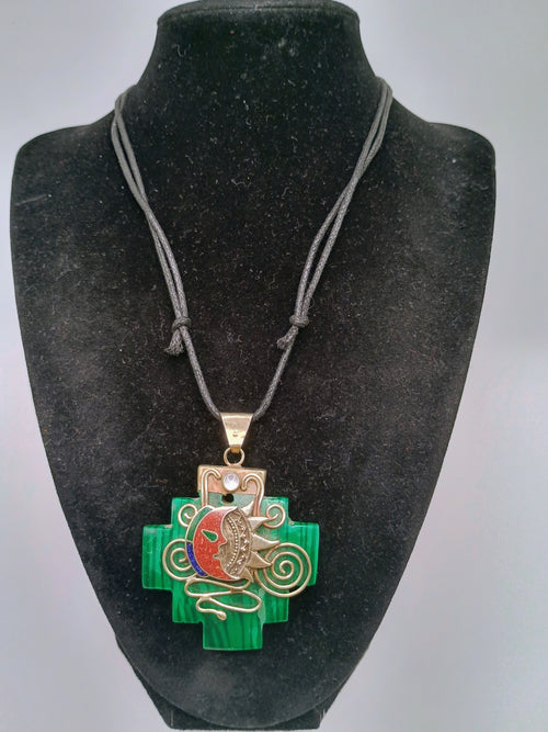 Chacana Necklace, Inca Wedding, Sun and Moon, Sterling Silver .950, Natural Stone