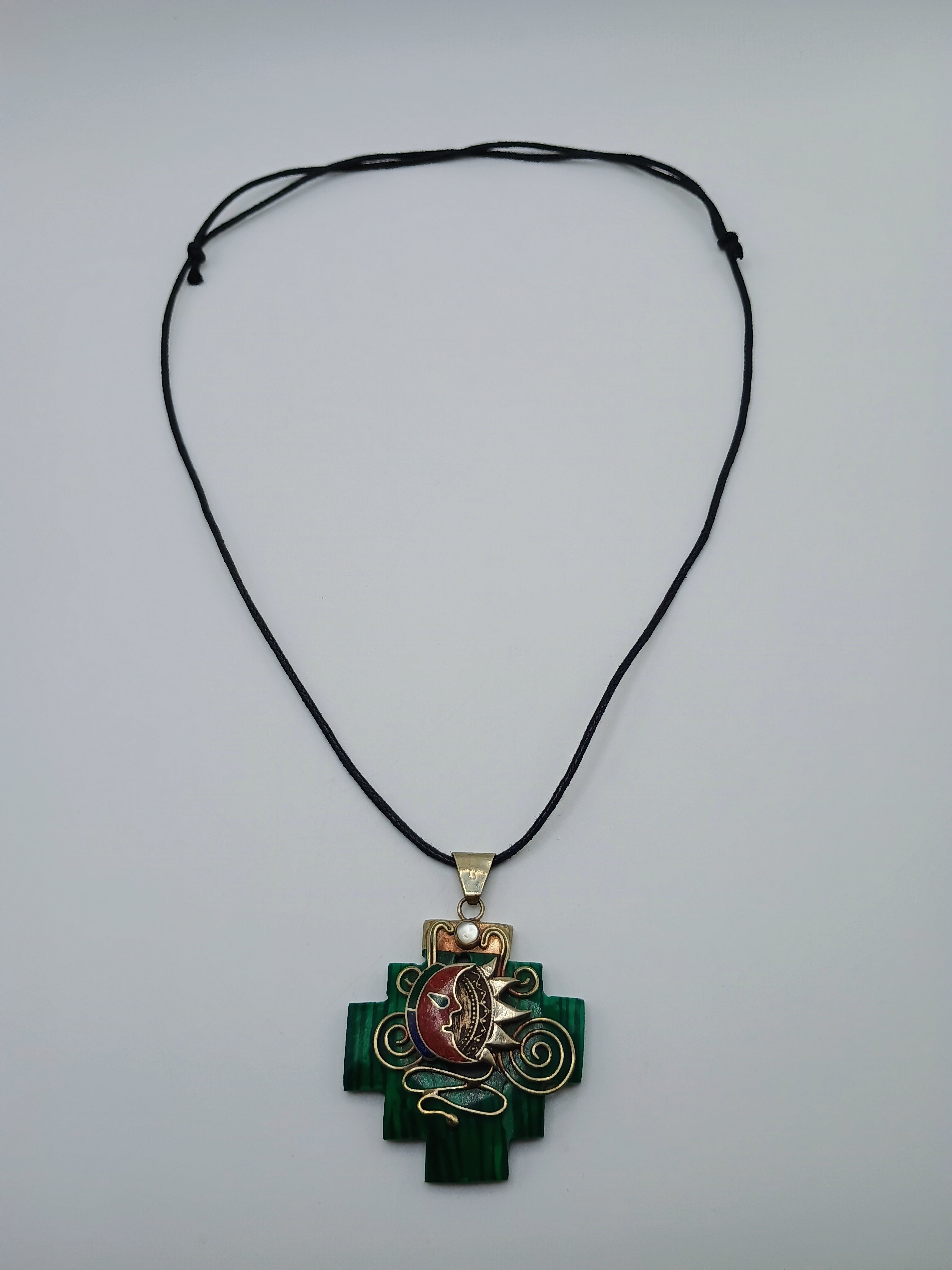 Chacana Necklace, Inca Wedding, Sun and Moon, Sterling Silver .950, Natural Stone