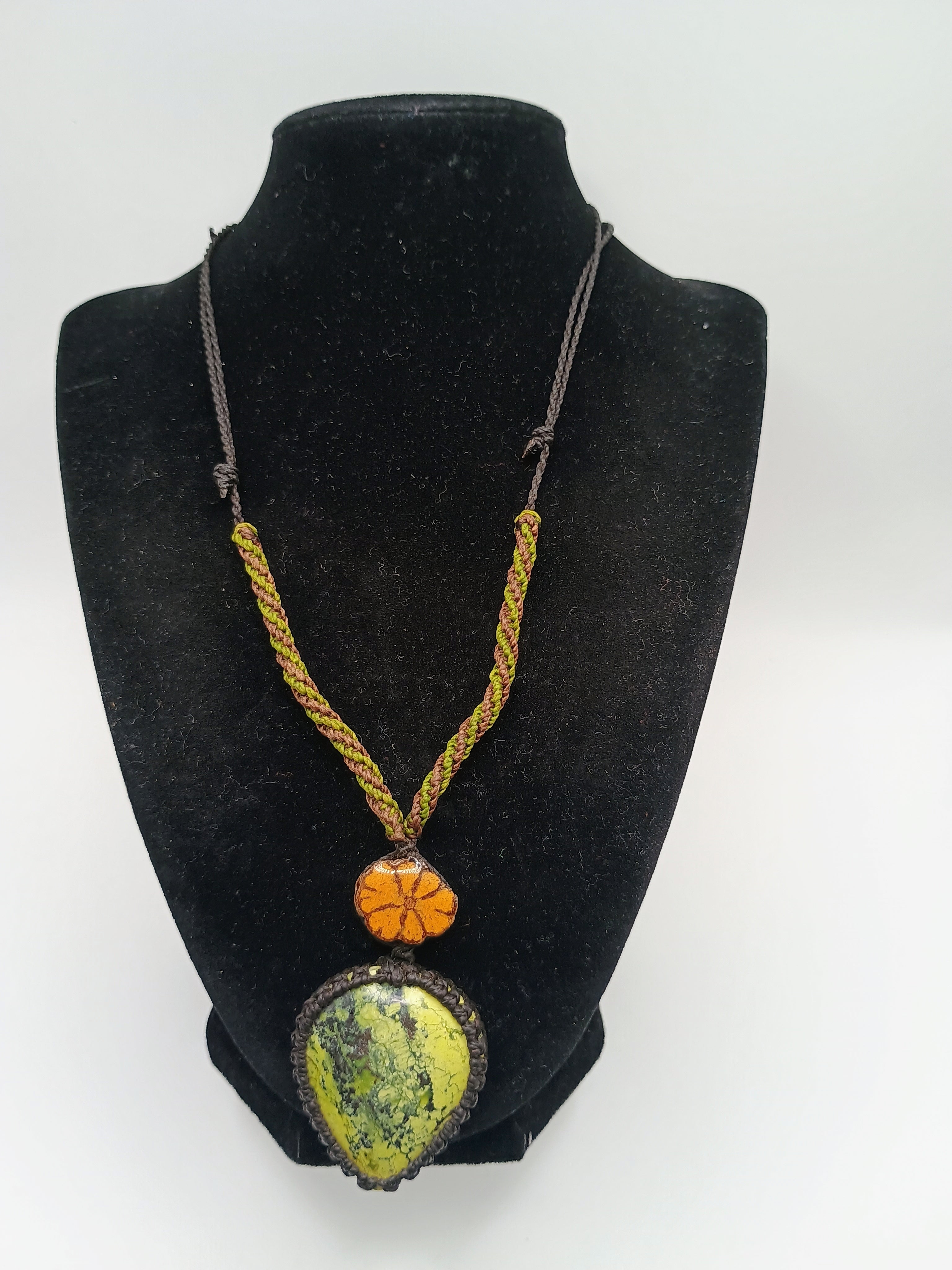 Natural Serpentine Necklace Woven Macrame Green Stone Healing Stone