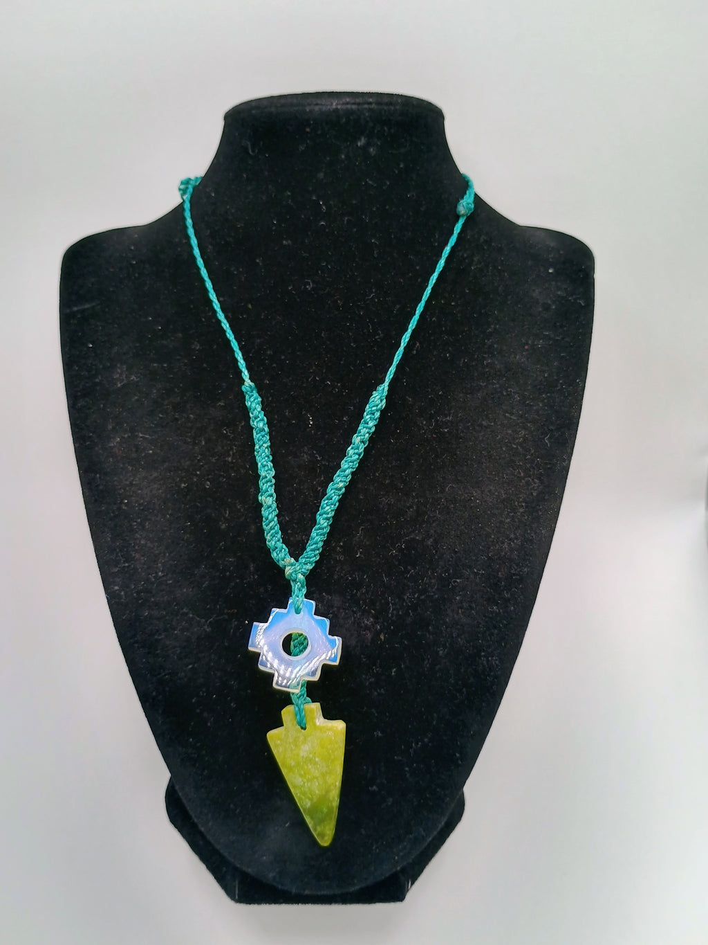 Chakana Macrame Necklace with Natural Serpentine and Healing Moonstone