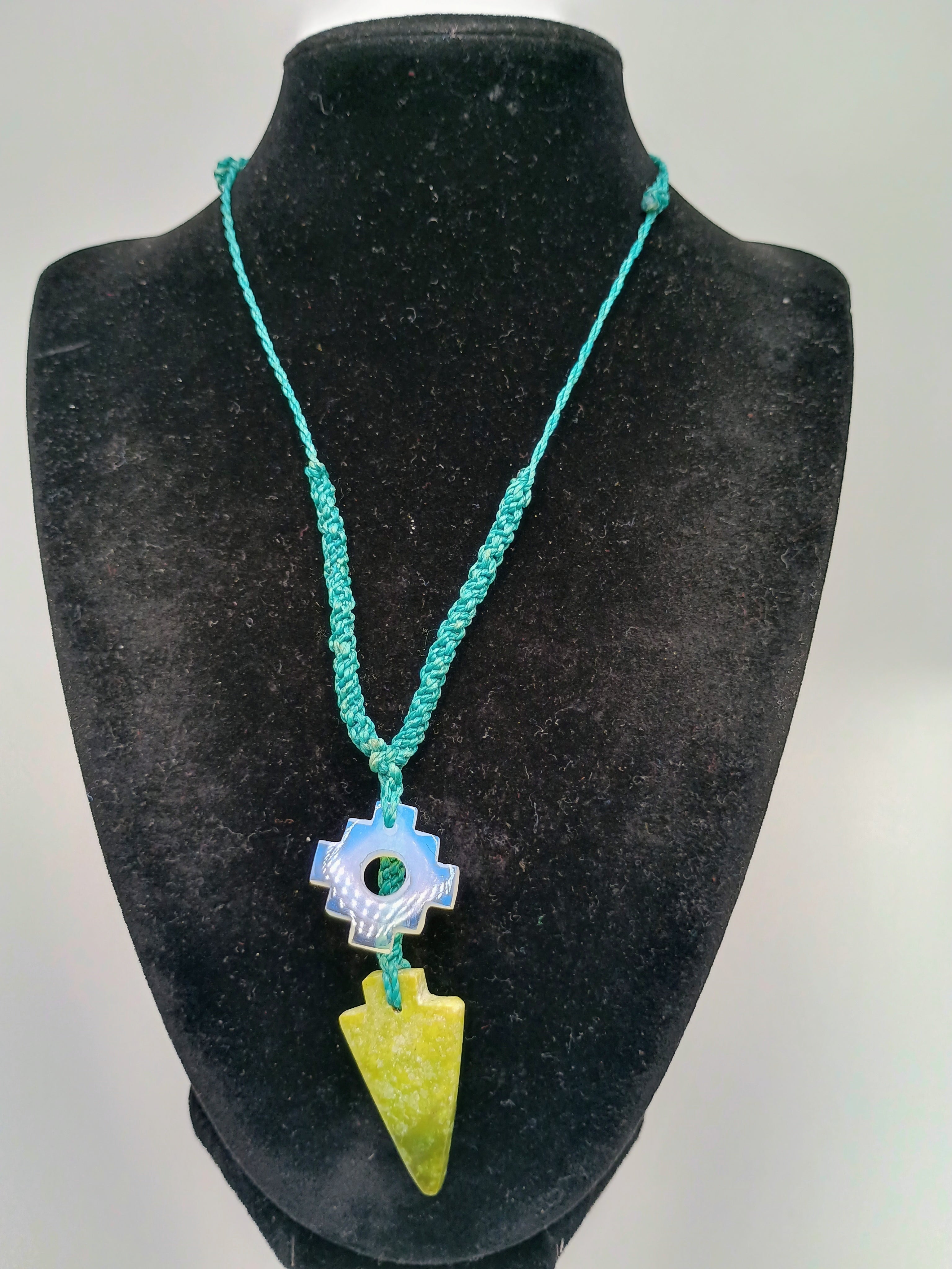 Chakana Macrame Necklace with Natural Serpentine and Healing Moonstone