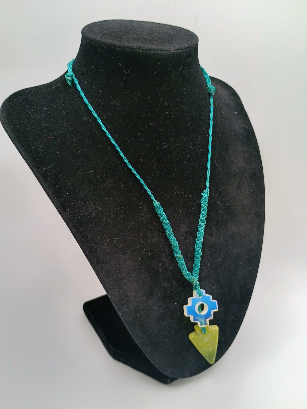 Chakana Macrame Necklace with Natural Serpentine and Healing Moonstone