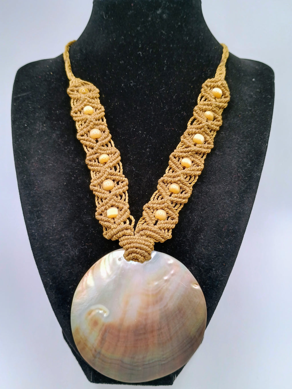 Macrame Necklace with Natural Mother-of-Pearl, Handmade Spiritual Amulet