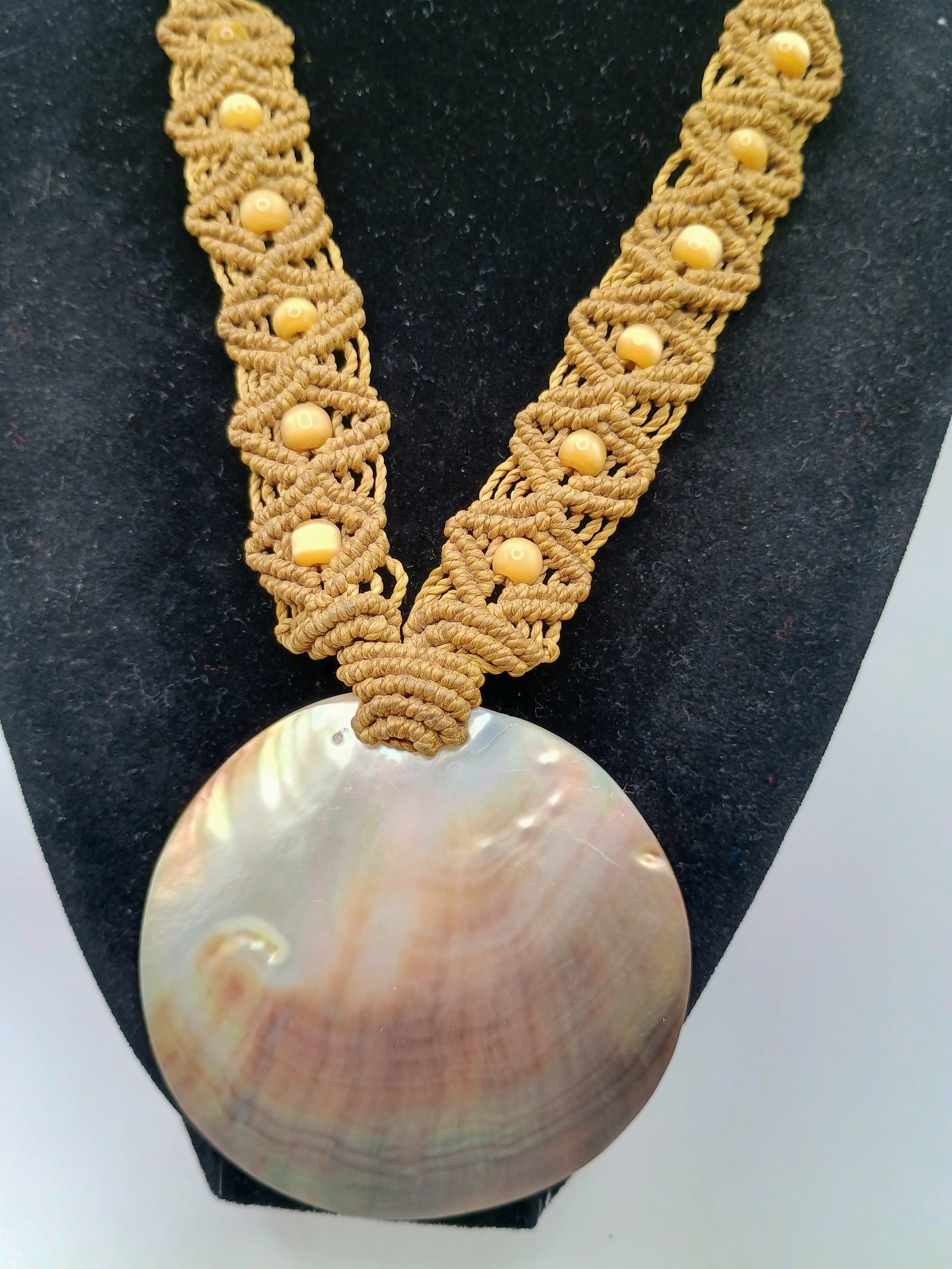 Macrame Necklace with Natural Mother-of-Pearl, Handmade Spiritual Amulet