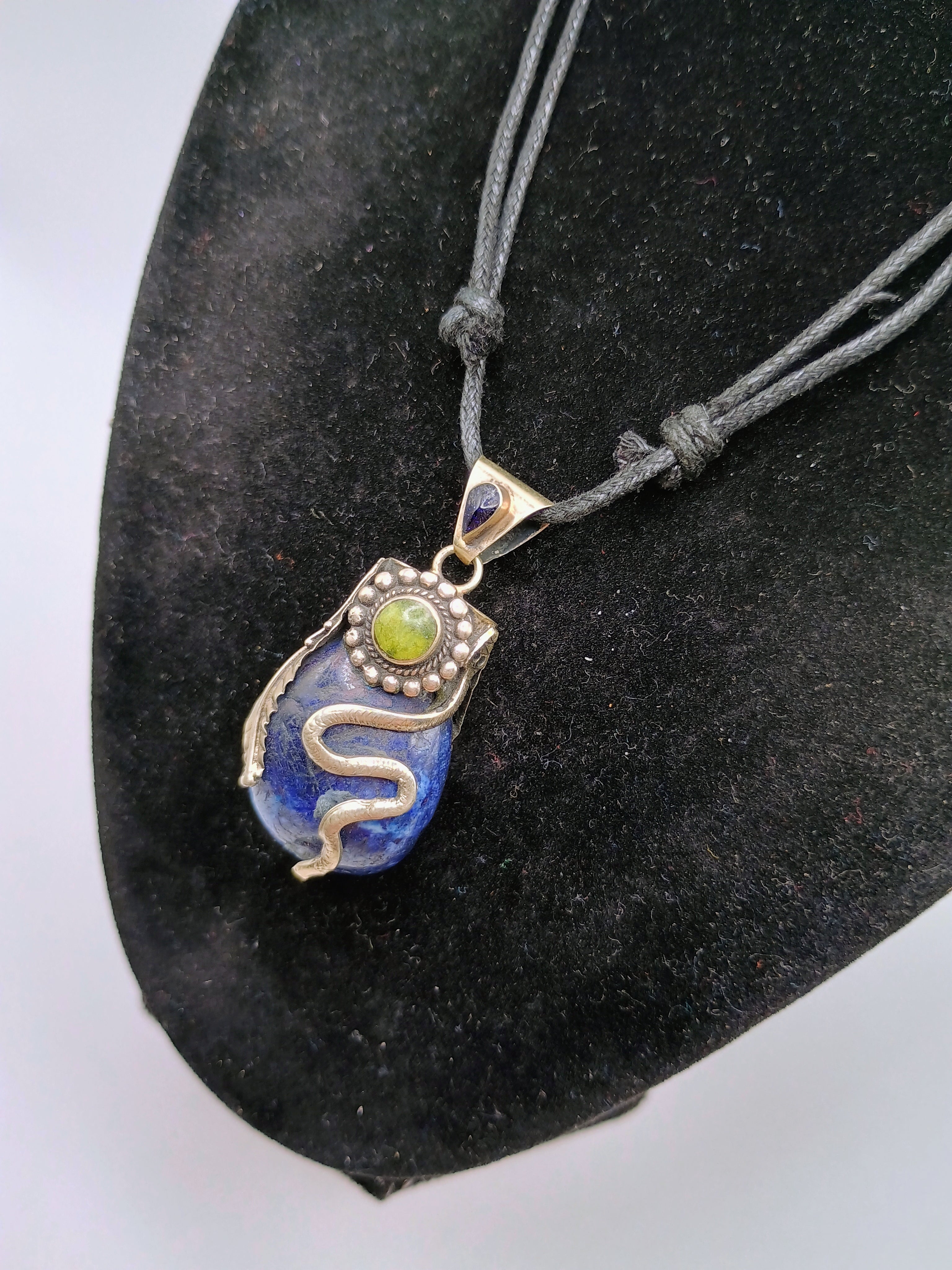 Lapis Lazuli Necklace, Natural Stone, 950 Sterling Silver, Adjustable Cord