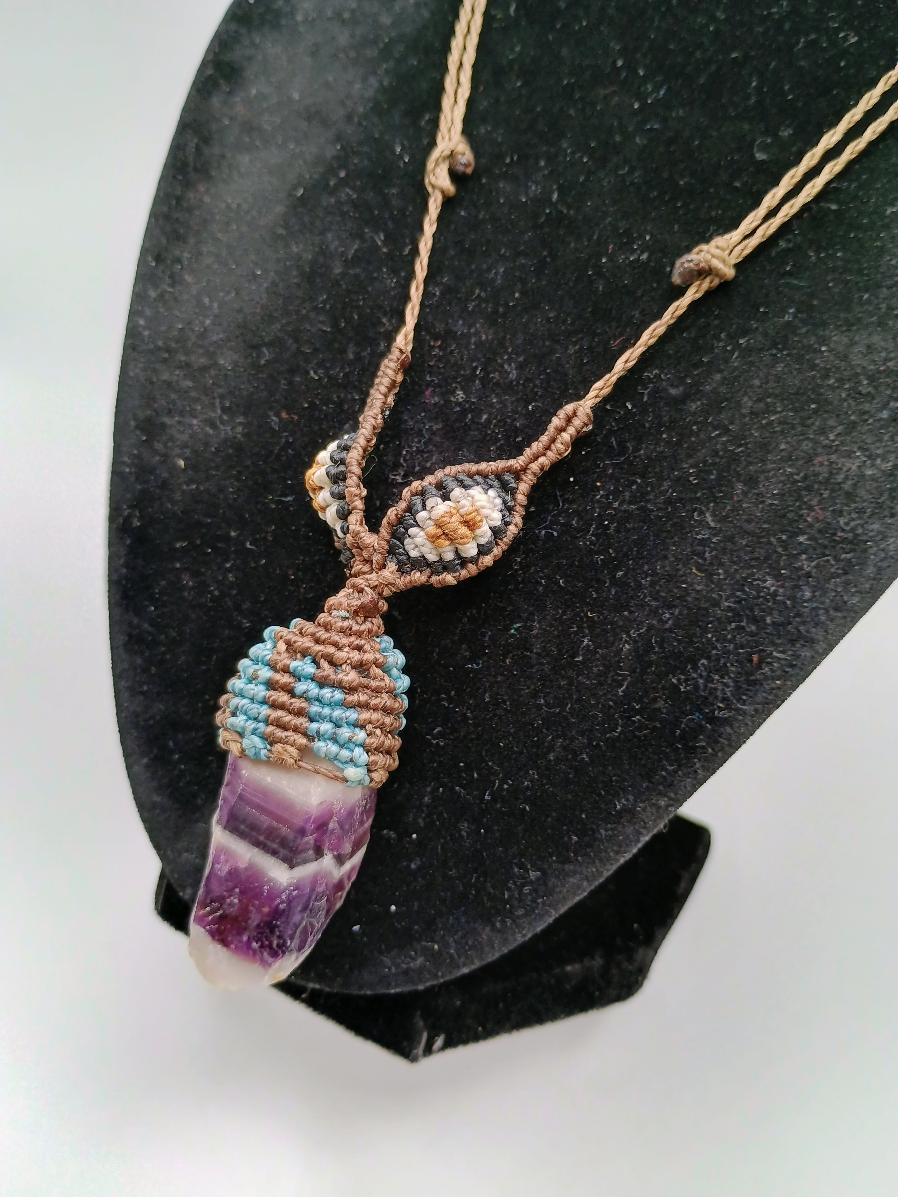 Handmade Macrame Amethyst Necklace, Spiritual Amulet, Natural Stone