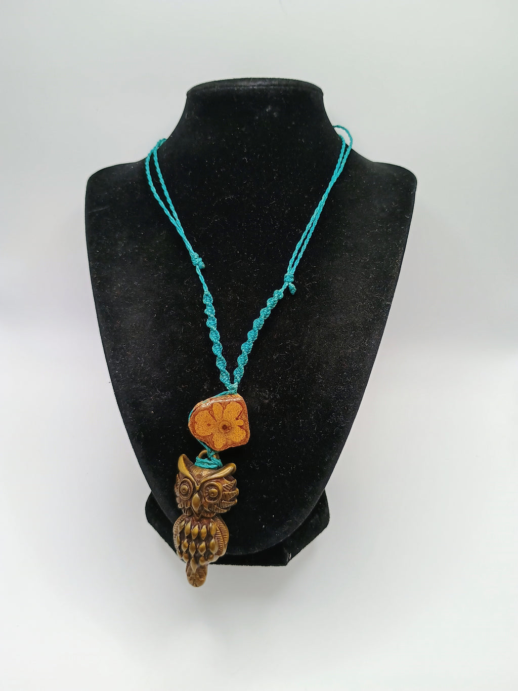 Macrame Owl Necklace with Ayahuasca Flower, Spiritual Amulet