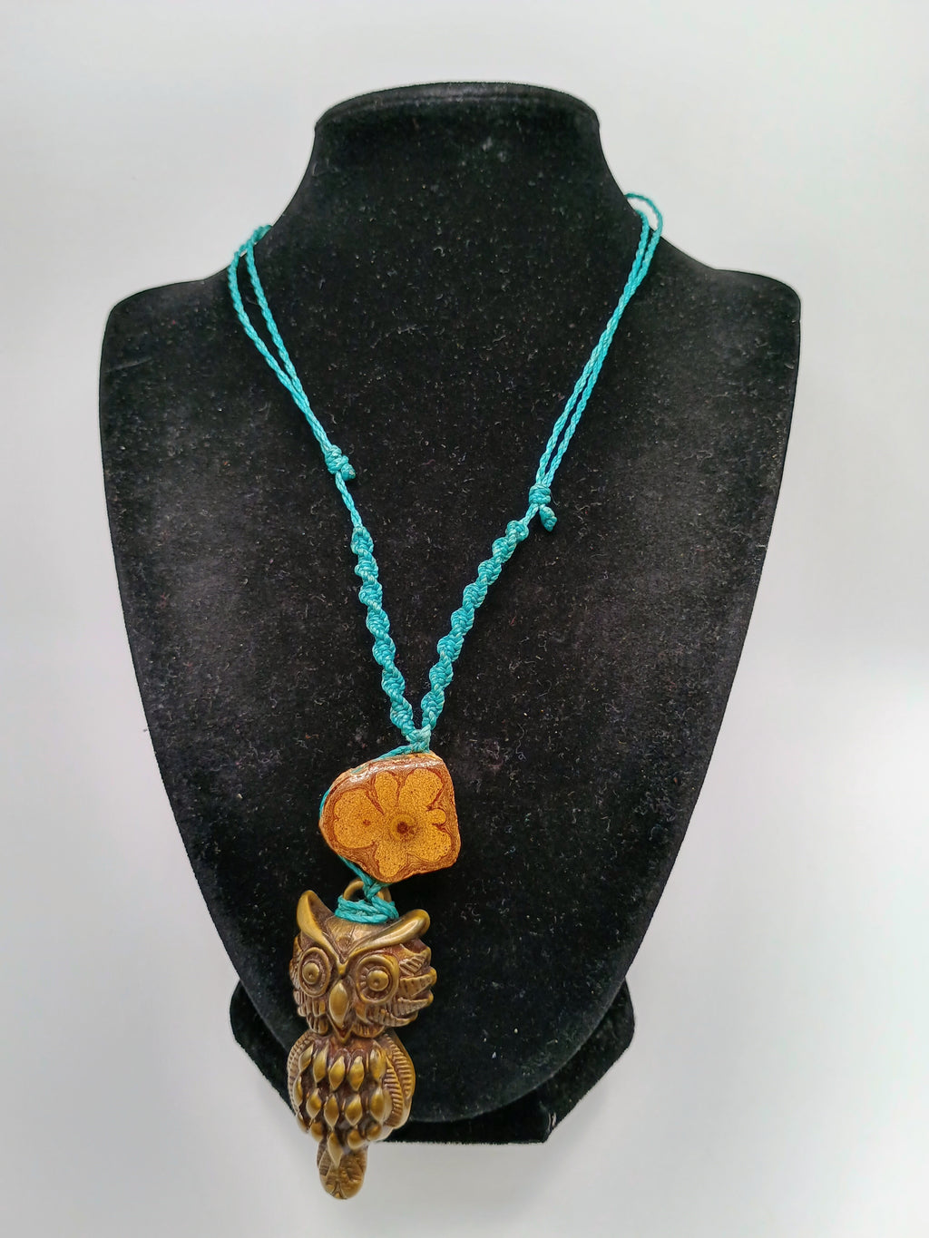 Macrame Owl Necklace with Ayahuasca Flower, Spiritual Amulet
