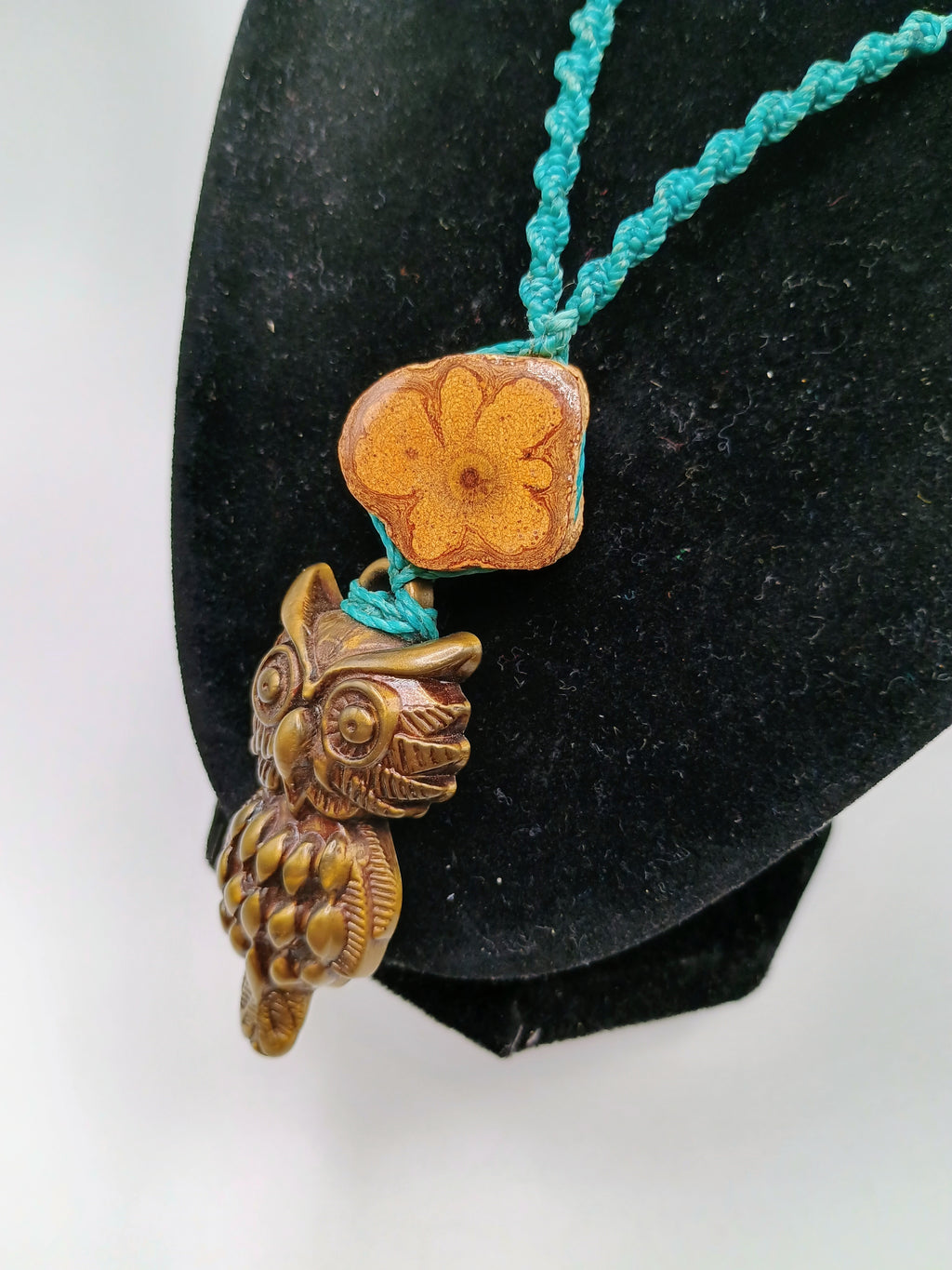 Macrame Owl Necklace with Ayahuasca Flower, Spiritual Amulet