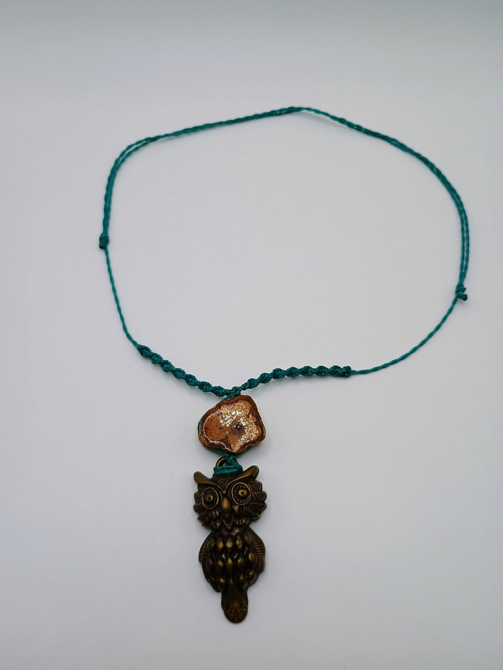 Macrame Owl Necklace with Ayahuasca Flower, Spiritual Amulet