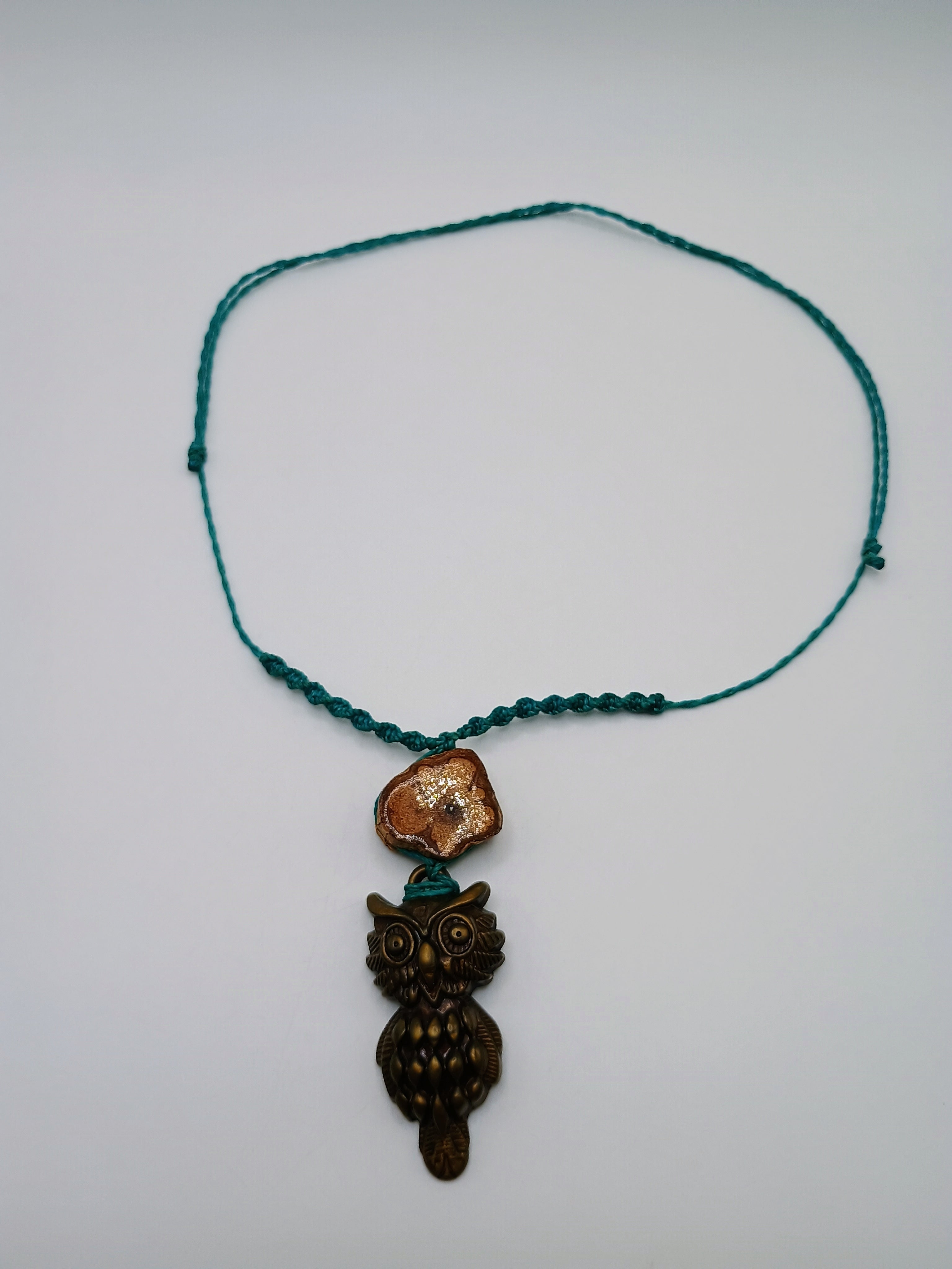 Macrame Owl Necklace with Ayahuasca Flower, Spiritual Amulet