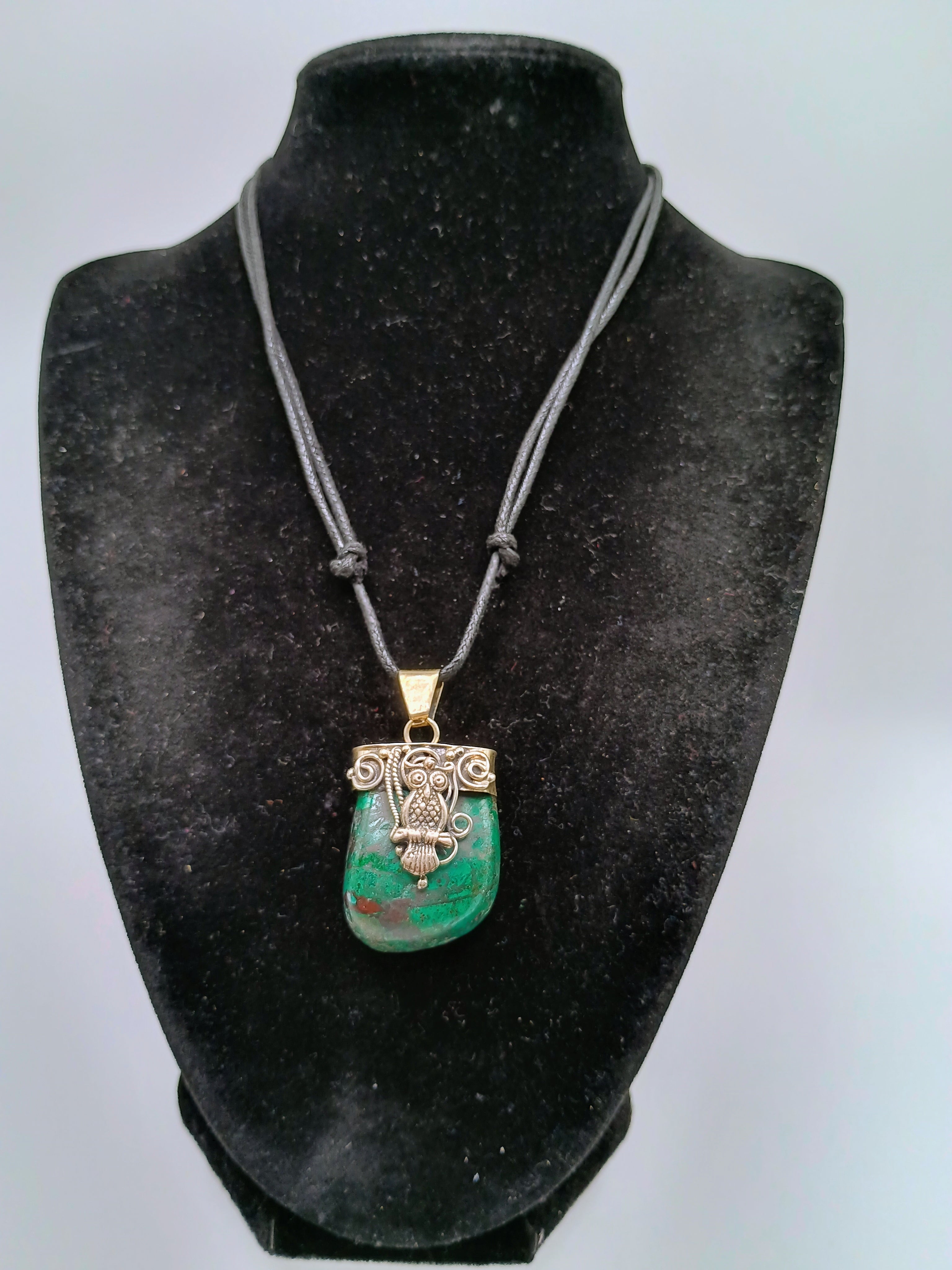 Owl Necklace in 950 Sterling Silver with Natural Stone and Spiritual Amulet