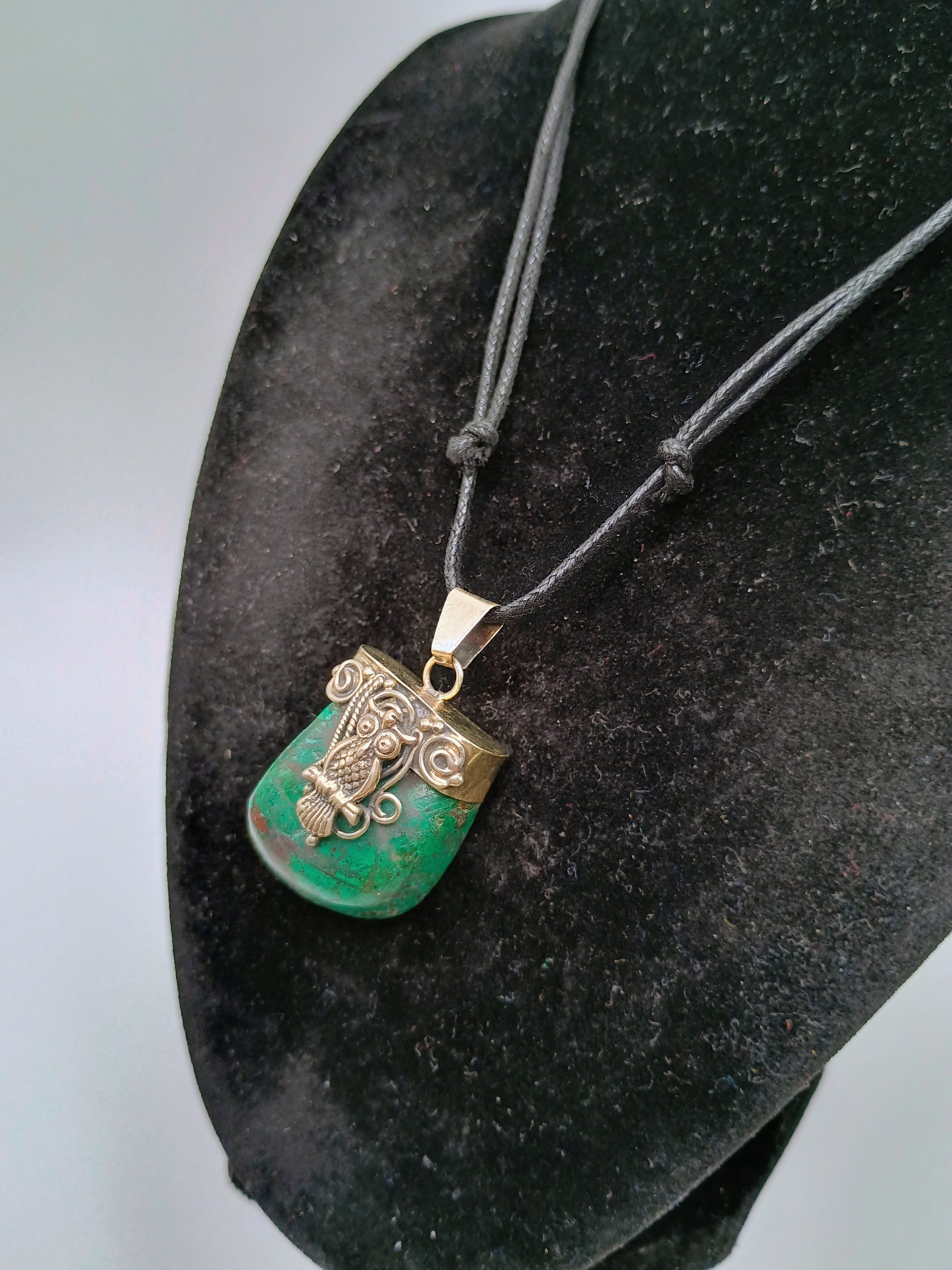 Owl Necklace in 950 Sterling Silver with Natural Stone and Spiritual Amulet