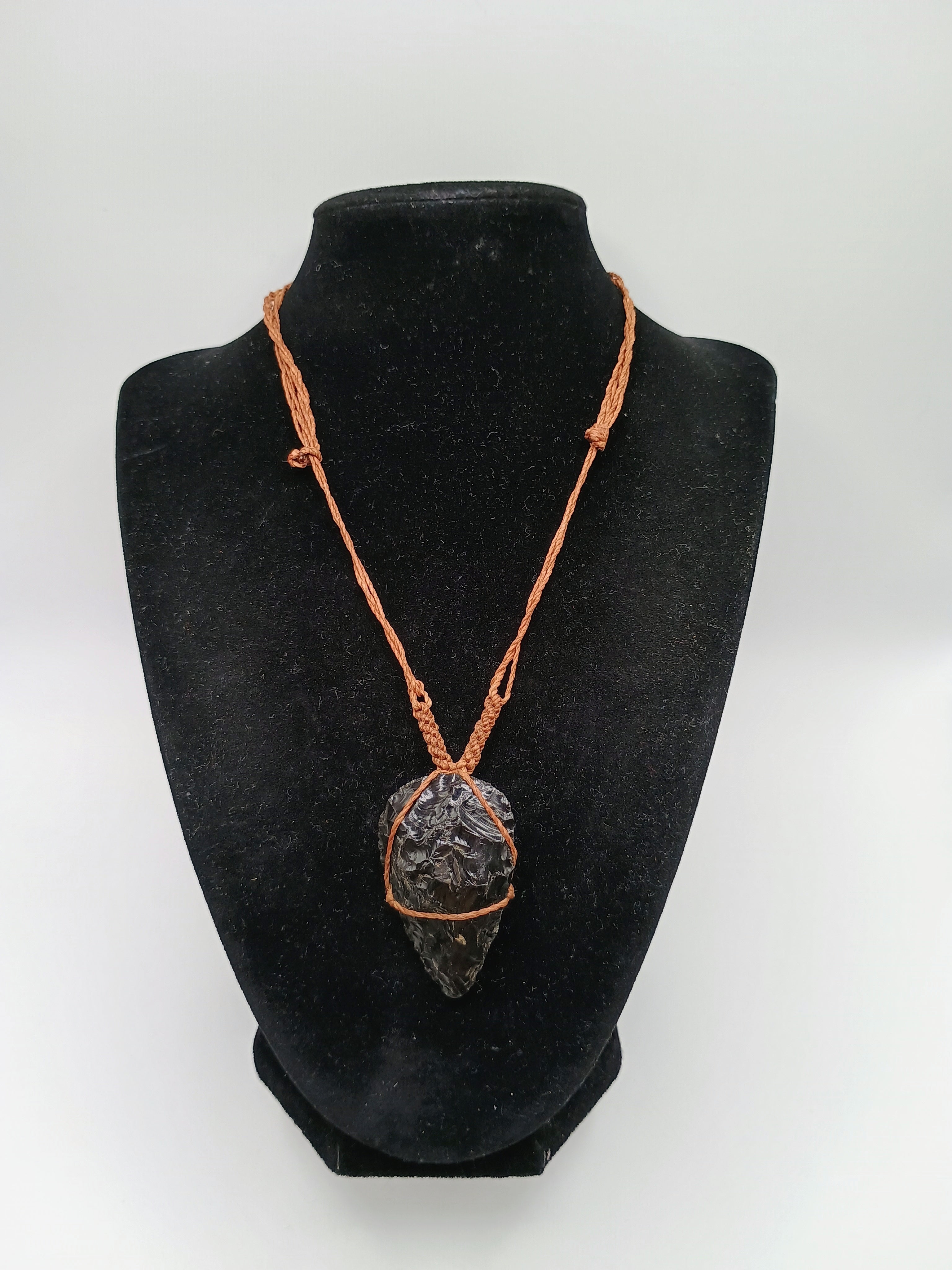 Natural Black Onyx Macrame Necklace, Spiritual Protection Amulet