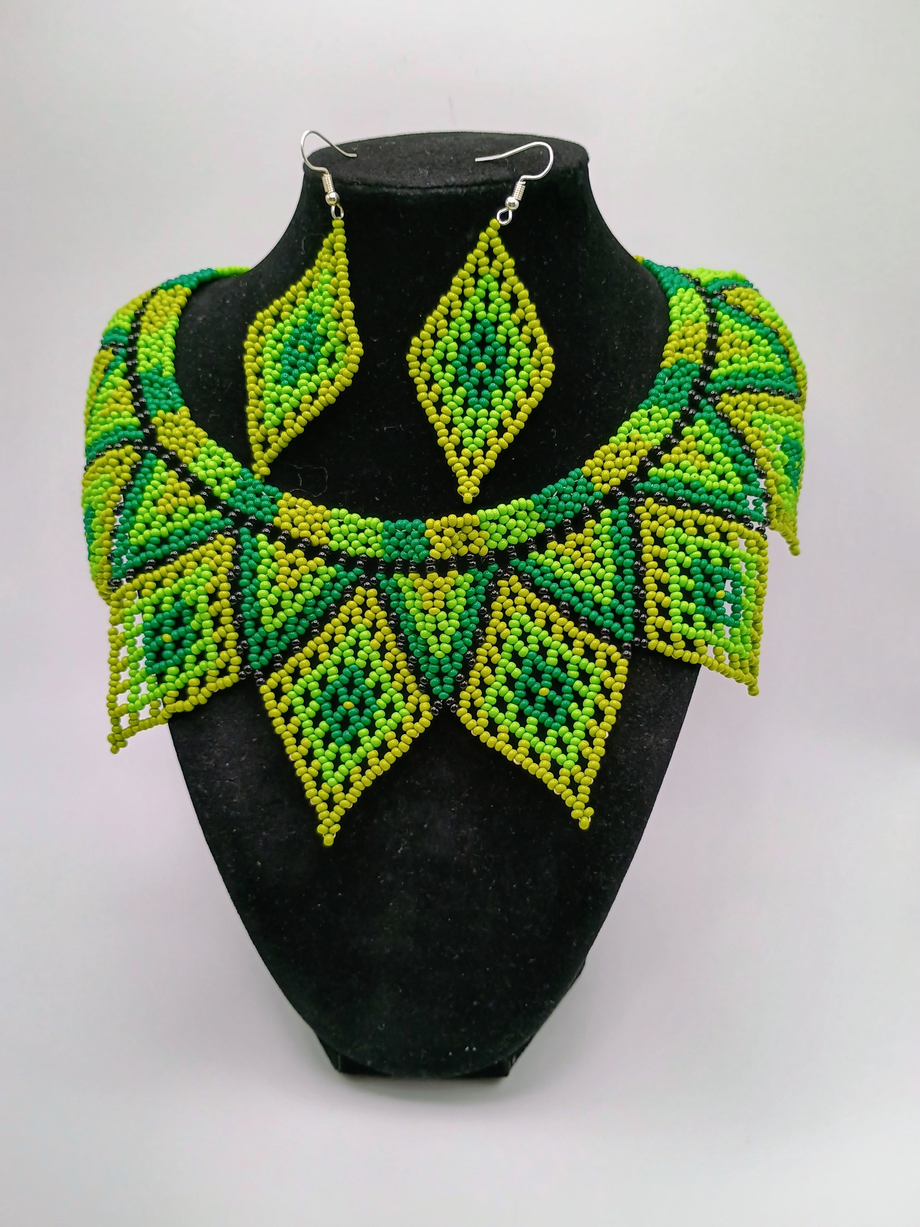 Necklace and Earrings Set, Hand-Beaded Geometric Design