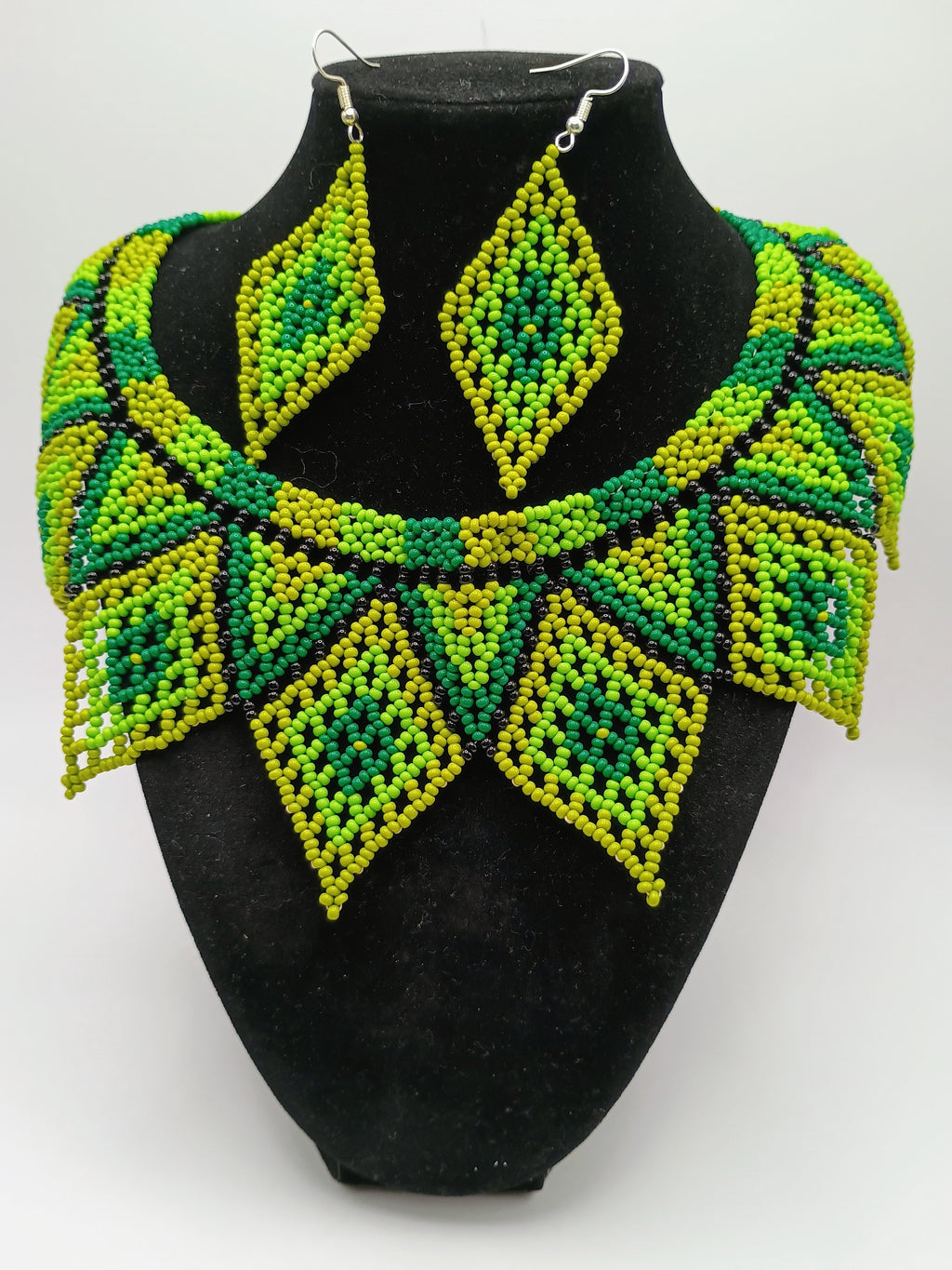 Necklace and Earrings Set, Hand-Beaded Geometric Design