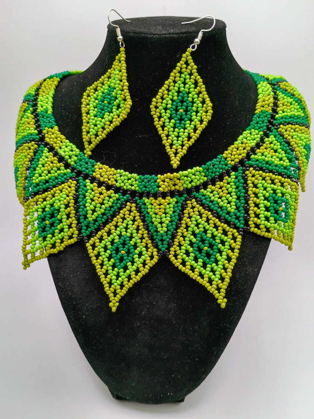 Necklace and Earrings Set, Hand-Beaded Geometric Design