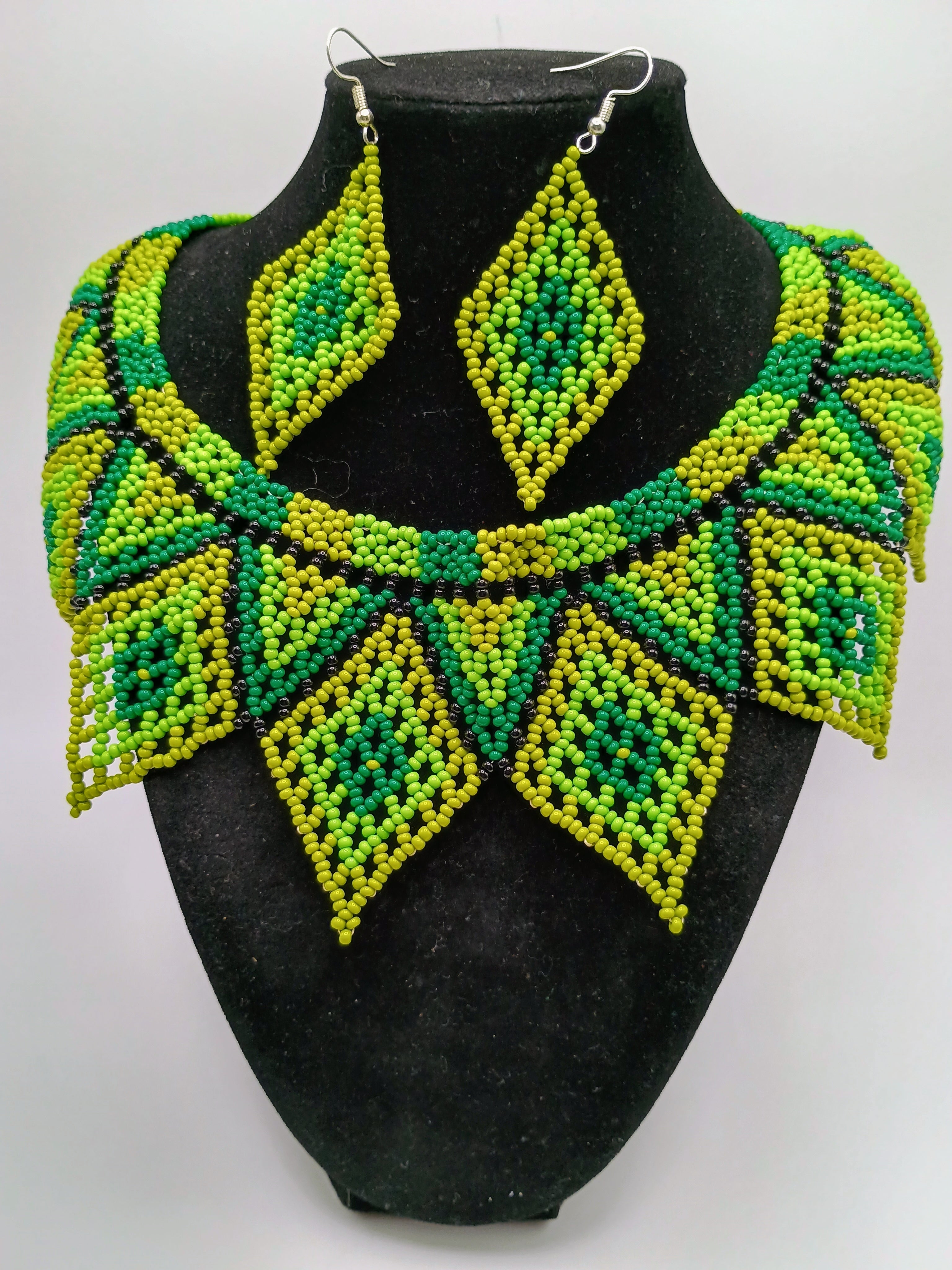 Necklace and Earrings Set, Hand-Beaded Geometric Design