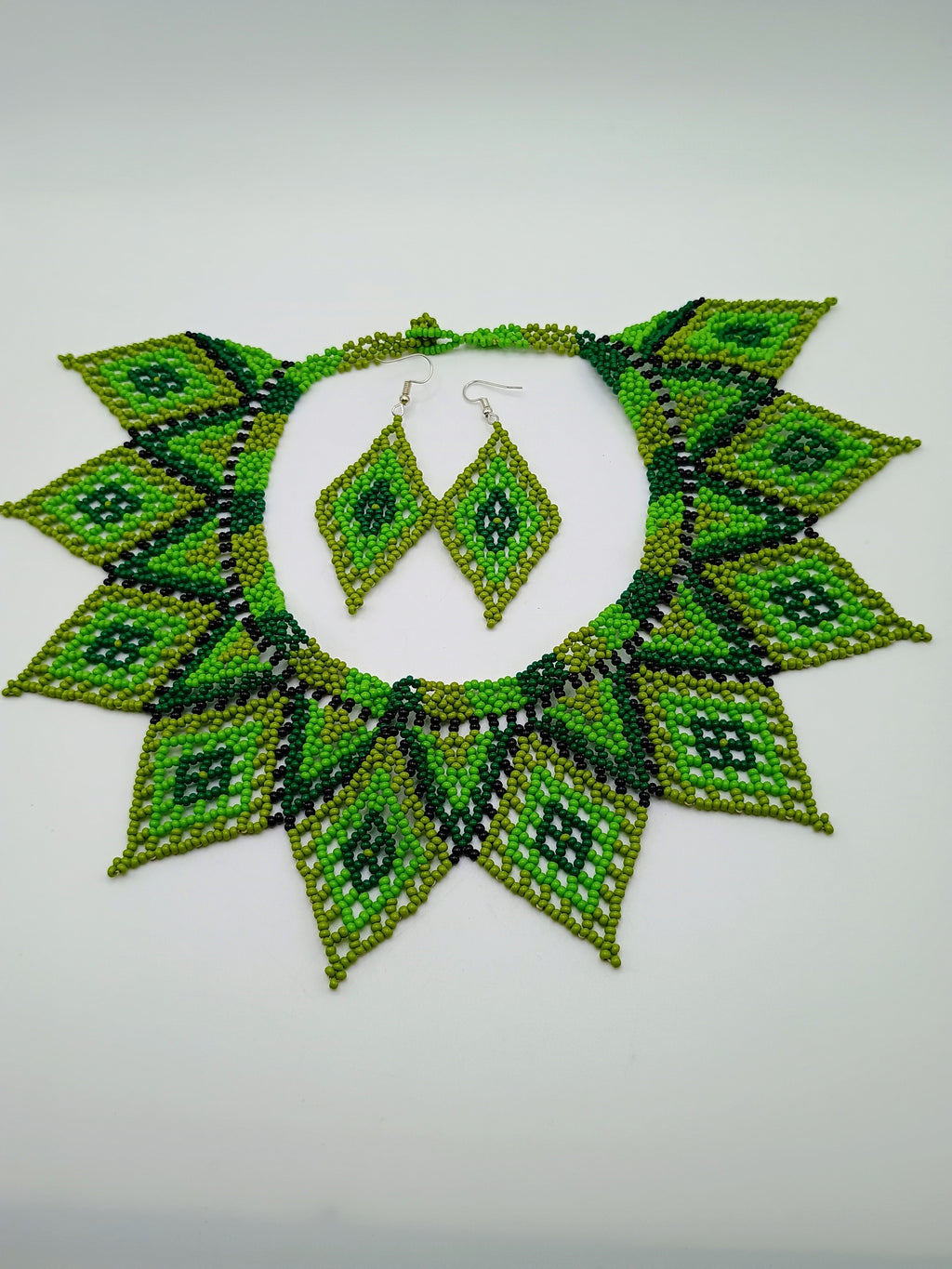 Necklace and Earrings Set, Hand-Beaded Geometric Design