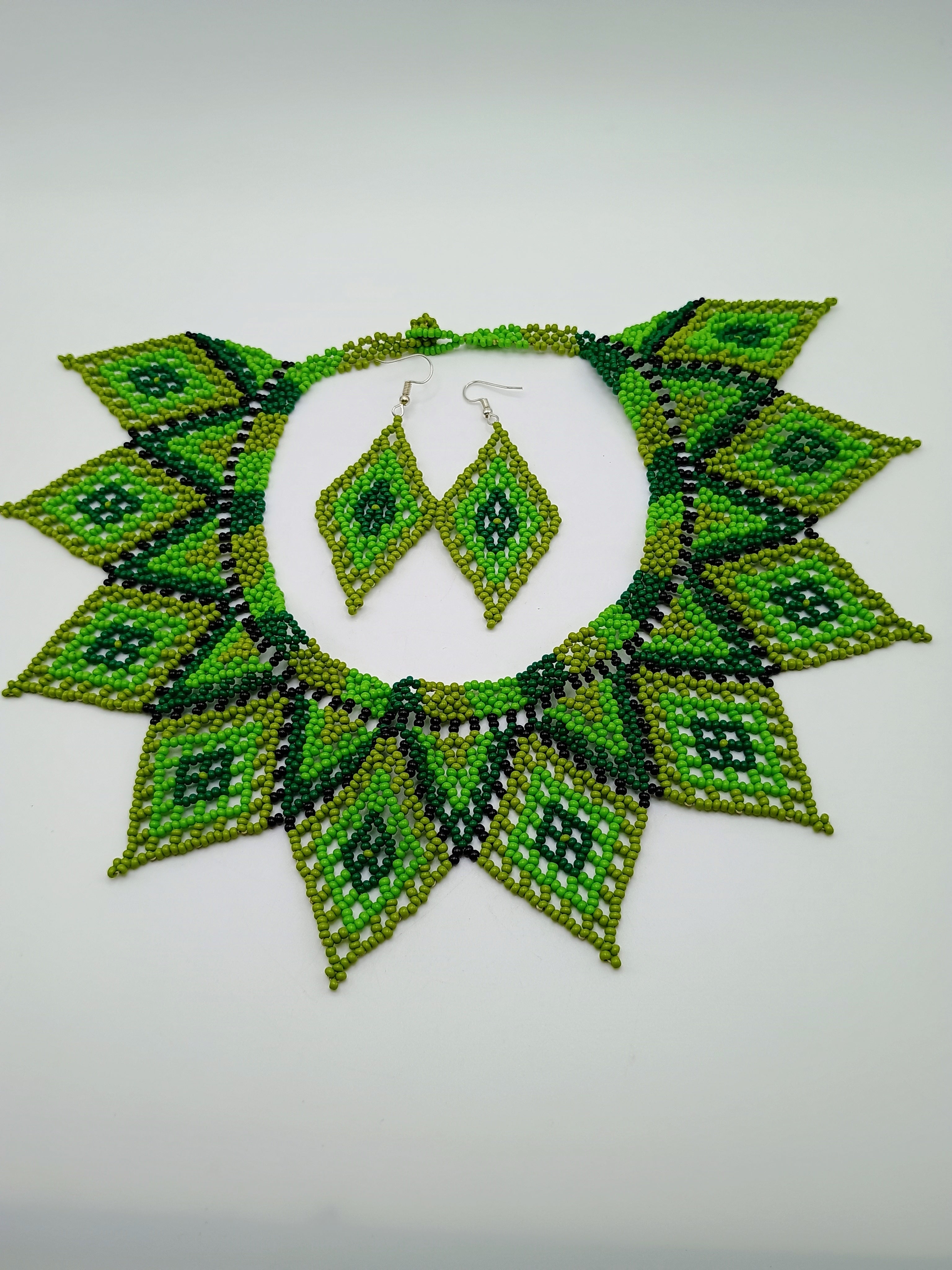 Necklace and Earrings Set, Hand-Beaded Geometric Design